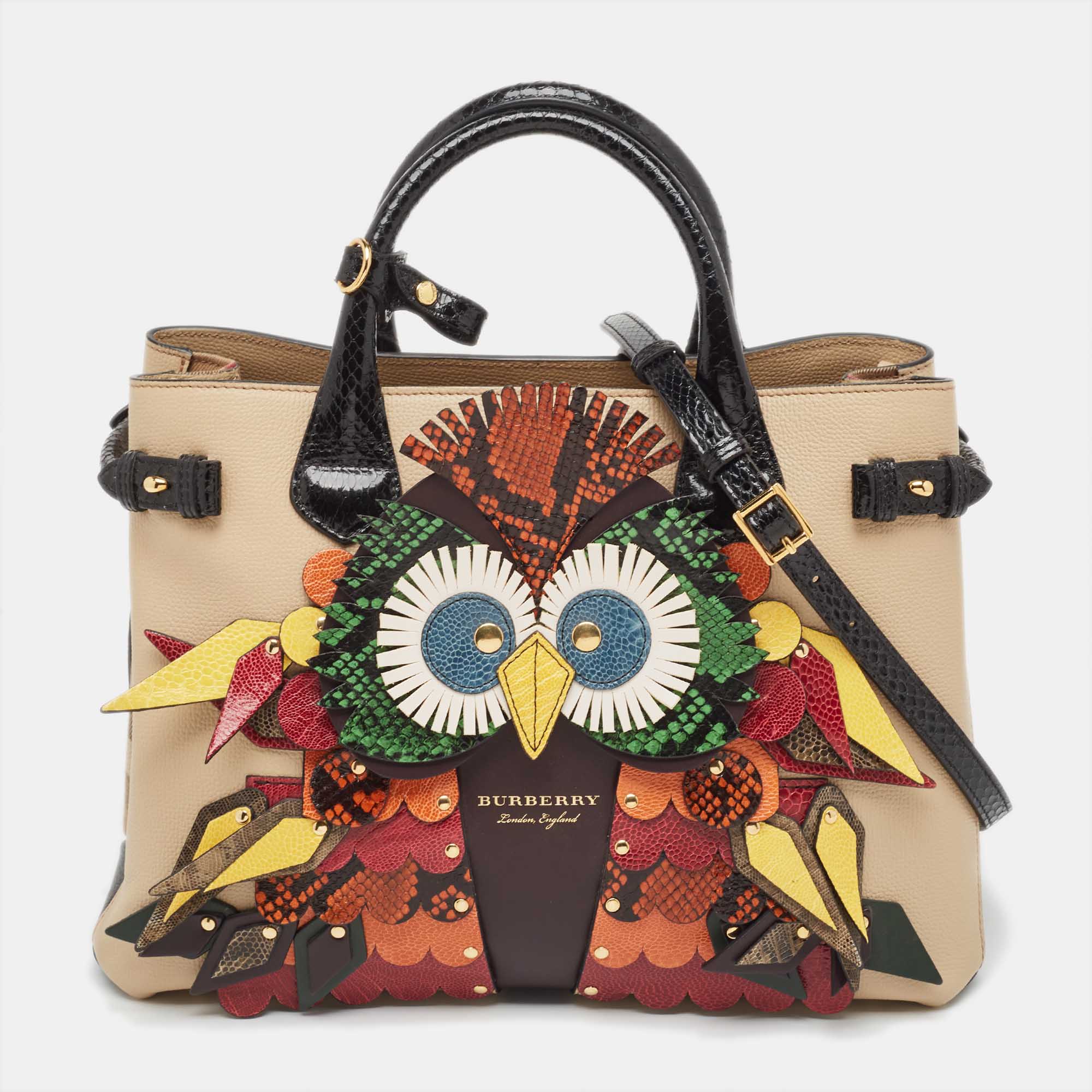 Burberry multicolor snakeskin, leather and house check canvas medium beasts banner tote