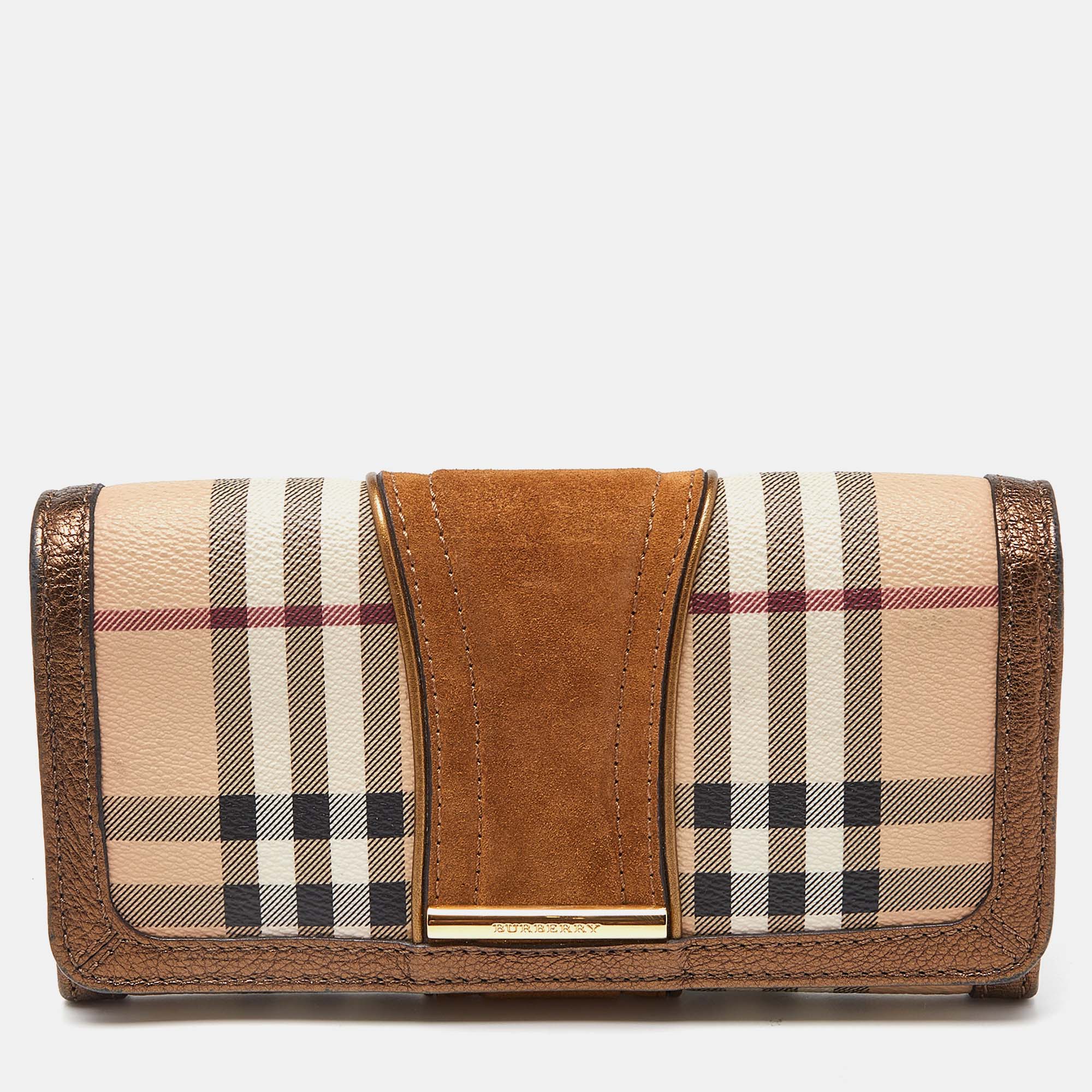 Burberry beige/metallic nova check pvc,leather and suede flap continental wallet