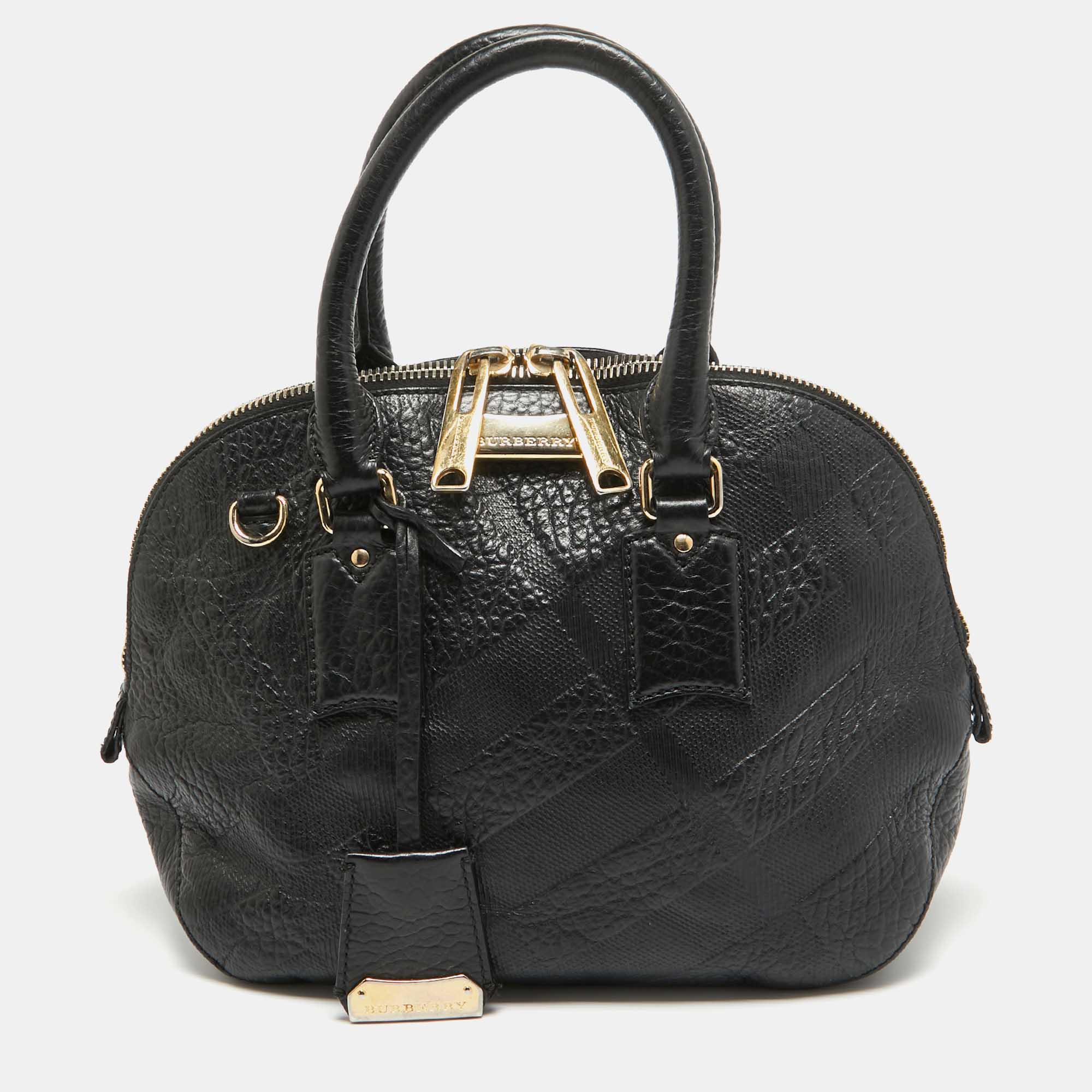 Burberry black heritage check embossed leather small orchard bowler bag