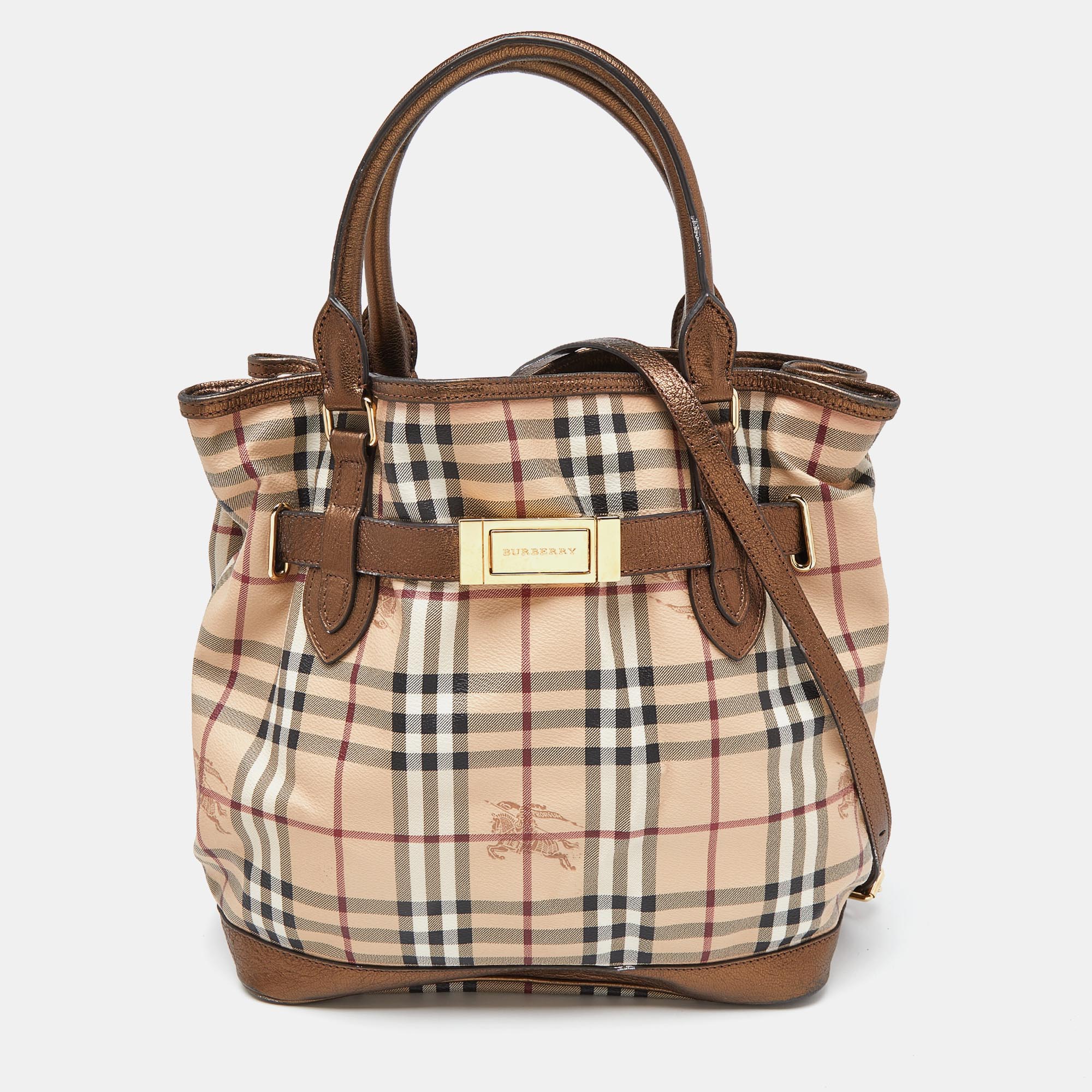 Burberry beige/metallic haymarket check canvas and leather medium golderton tote