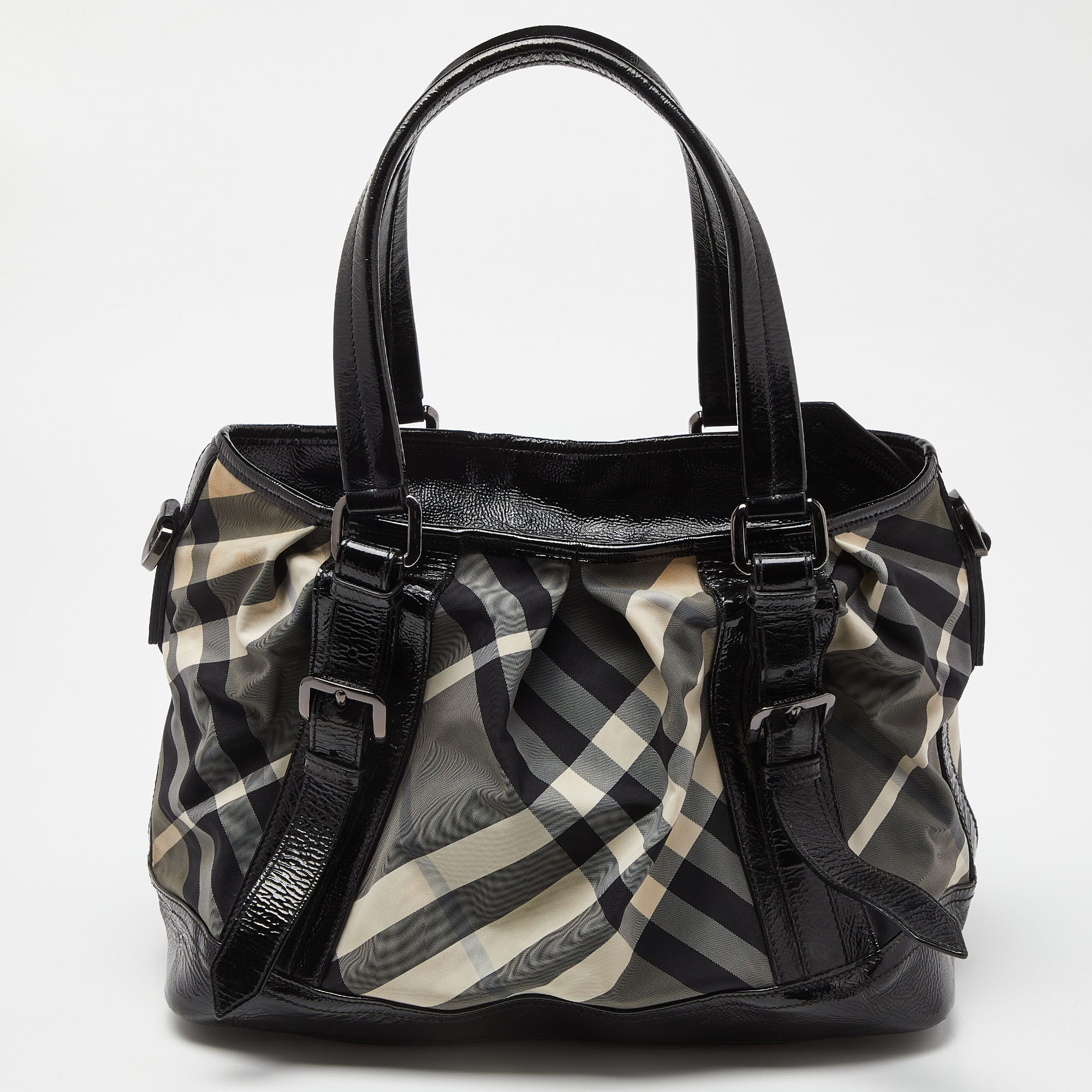 Burberry black/grey beat check canvas and patent leather lowry tote