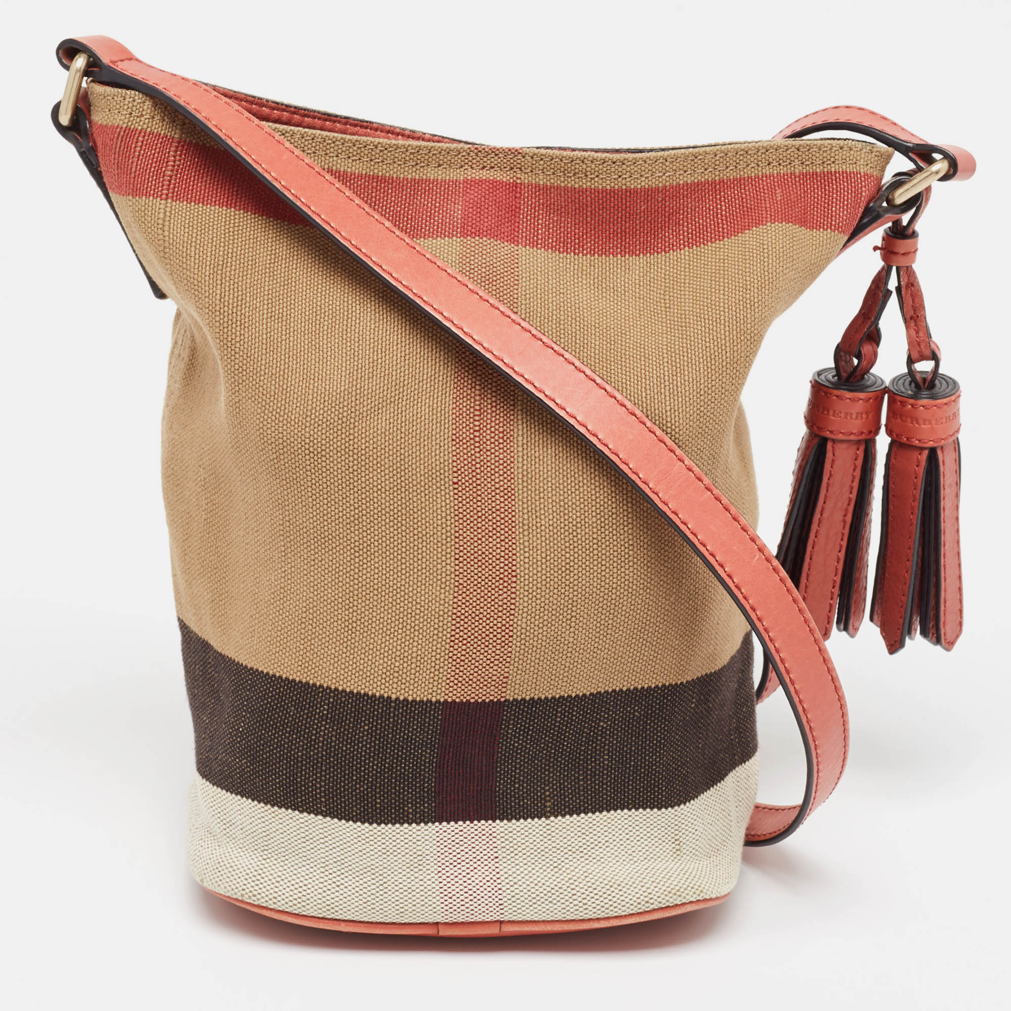 Burberry red/beige mega check canvas and leather mini ashby tassel shoulder bag