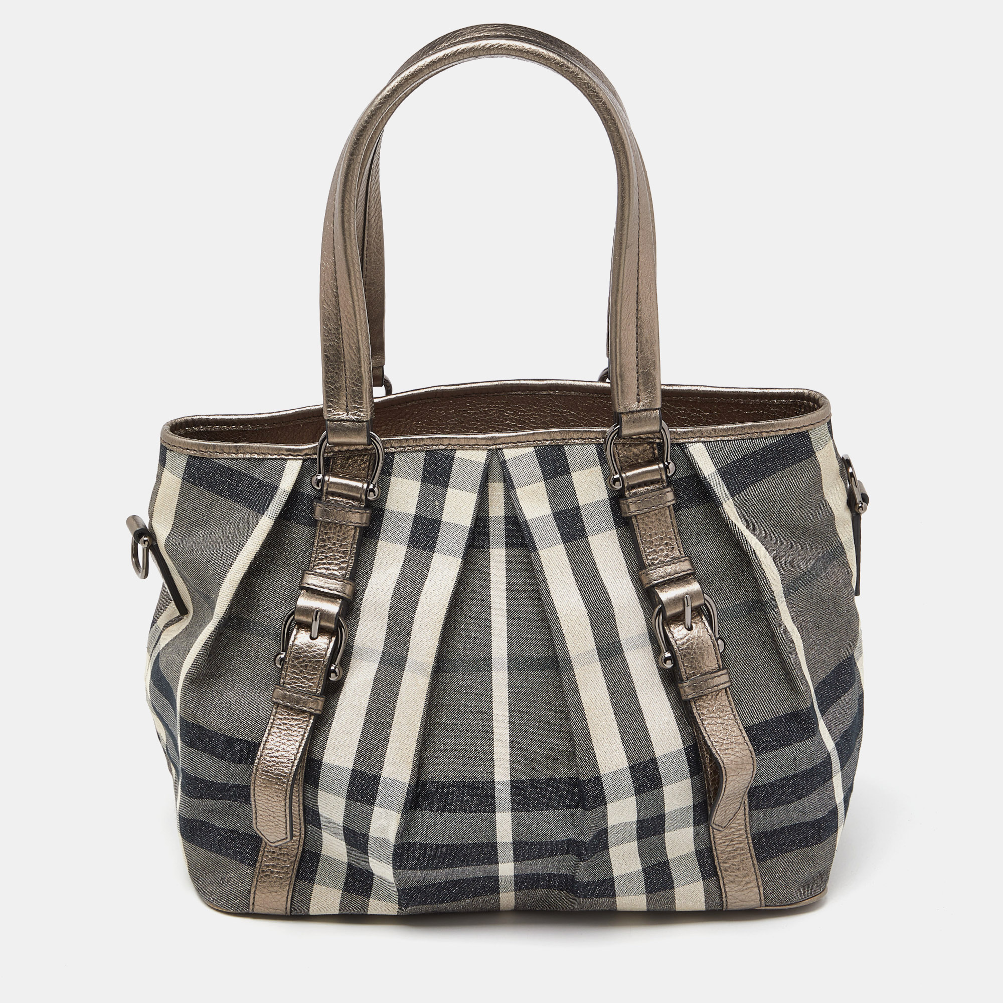 Burberry beige beat check lurex fabric and leather northfield tote