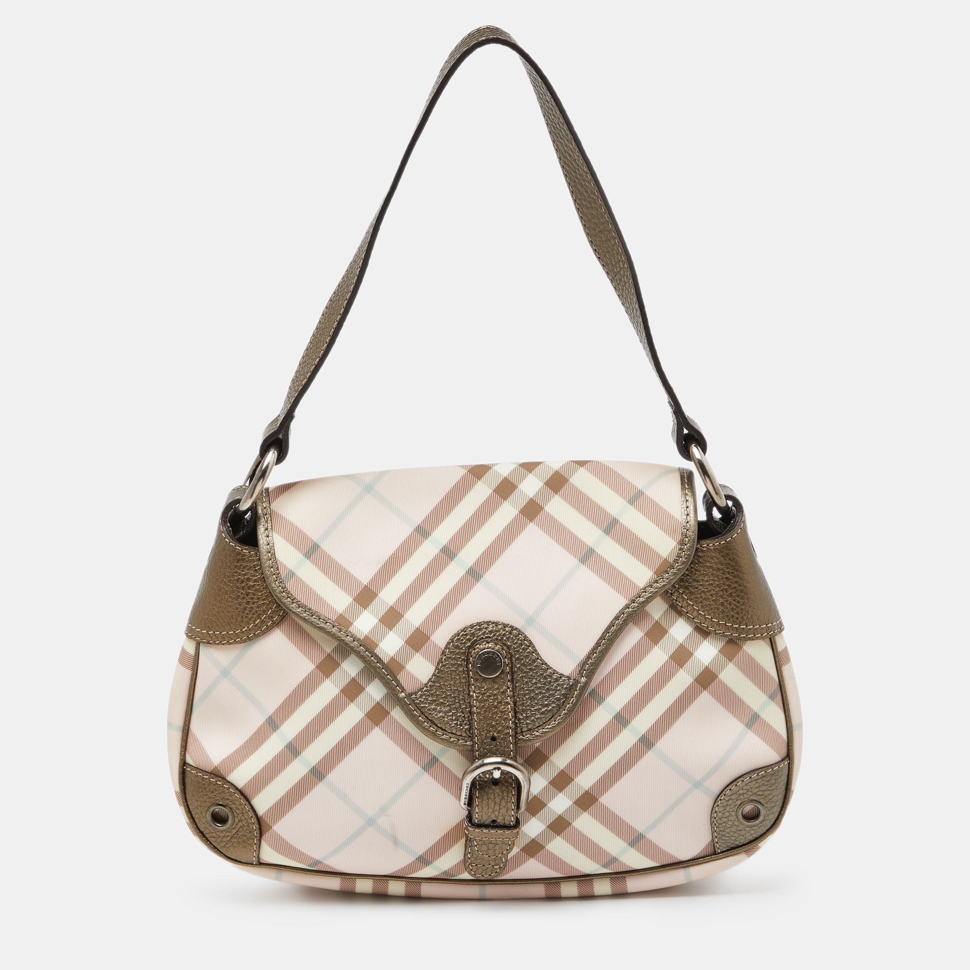 Burberry pink/metallic house check pvc and leather buckle flap hobo