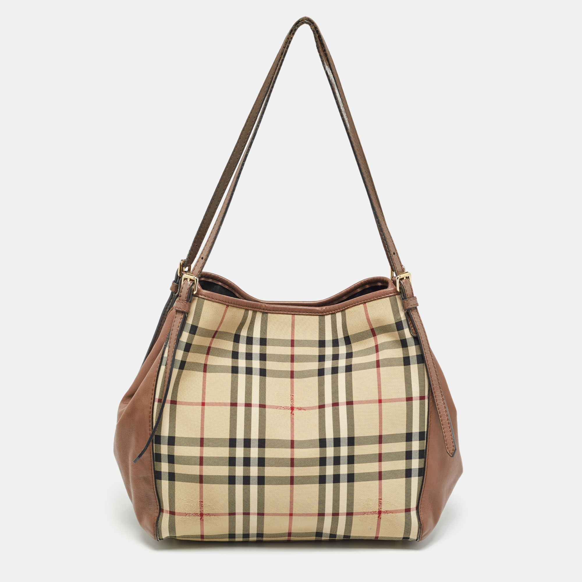 Burberry brown/beige haymarket fabric and leather canterbury tote