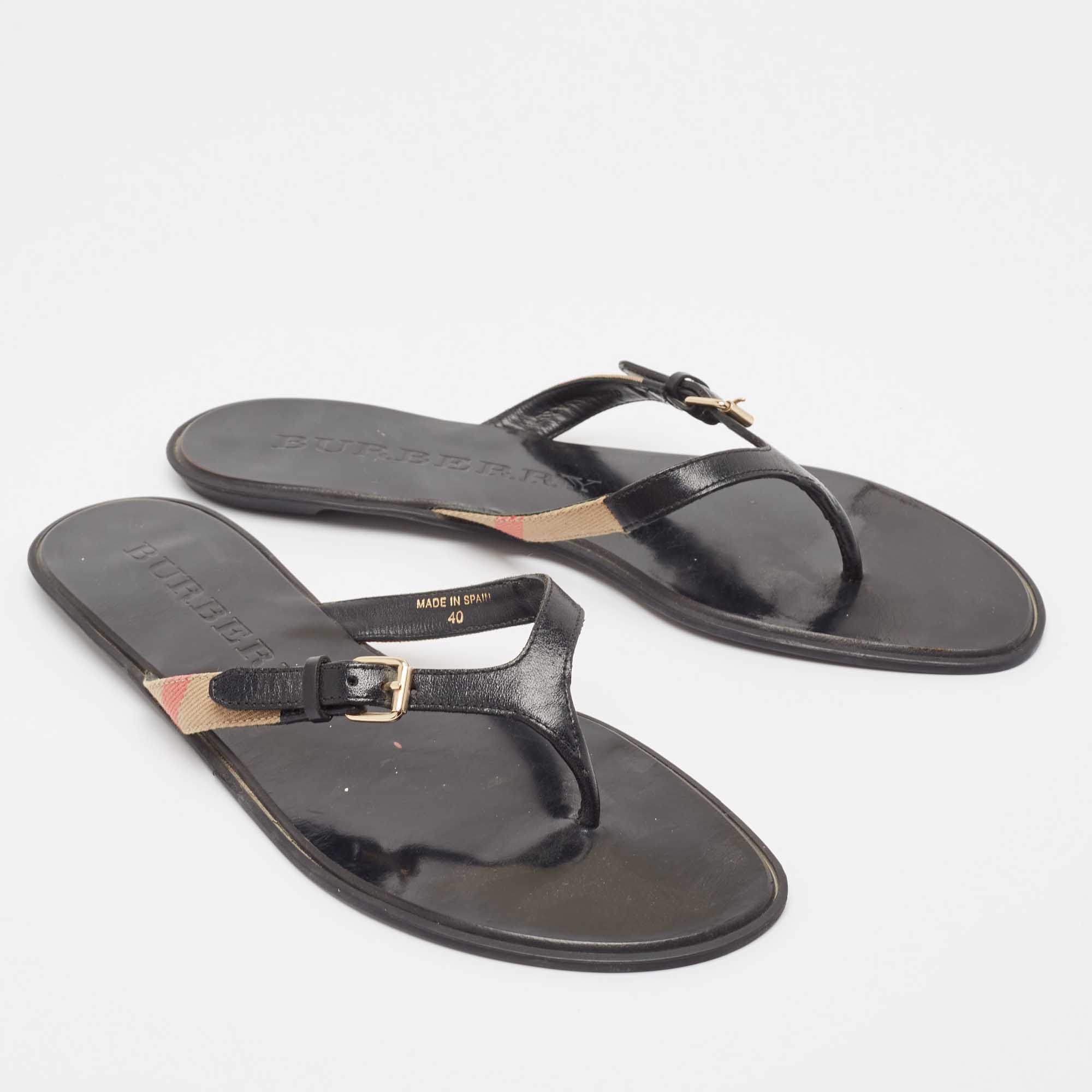 Burberry Black Leather And Canvas Masie Belted Check Thong Sandals Size 40