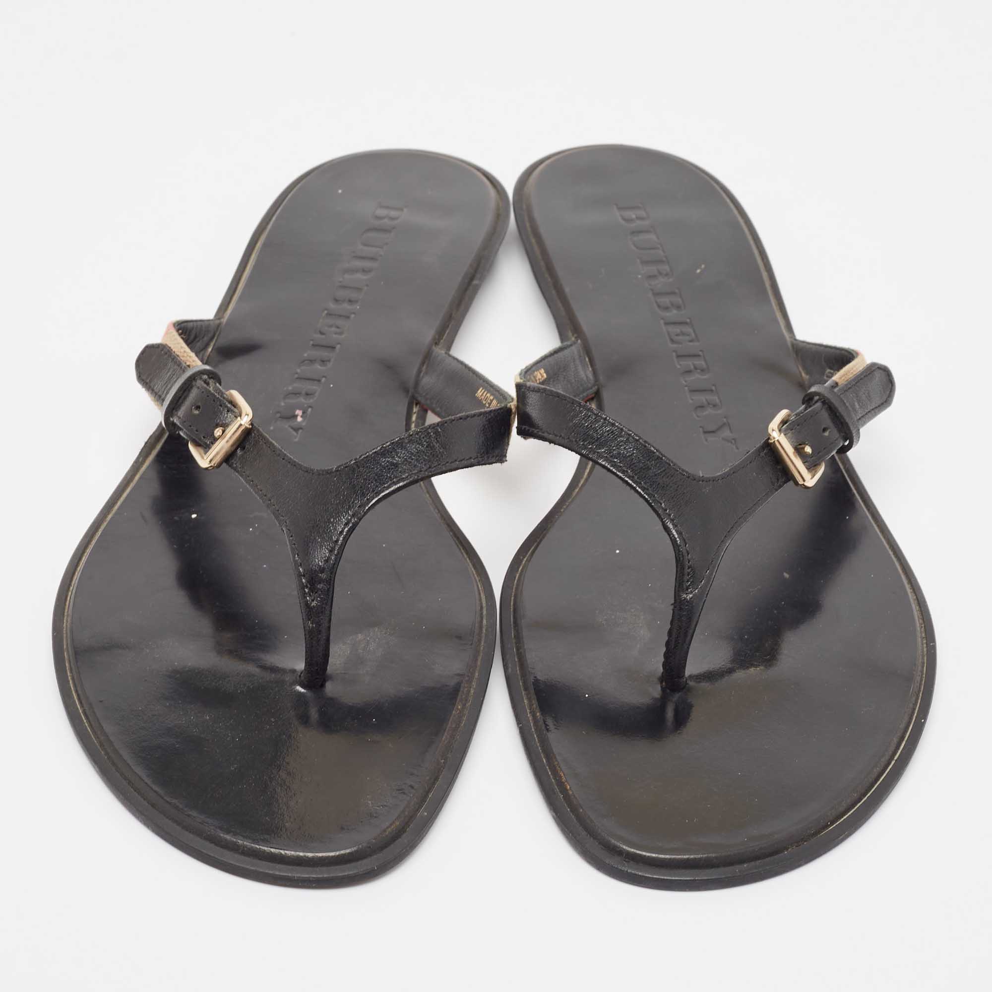 Burberry Black Leather And Canvas Masie Belted Check Thong Sandals Size 40