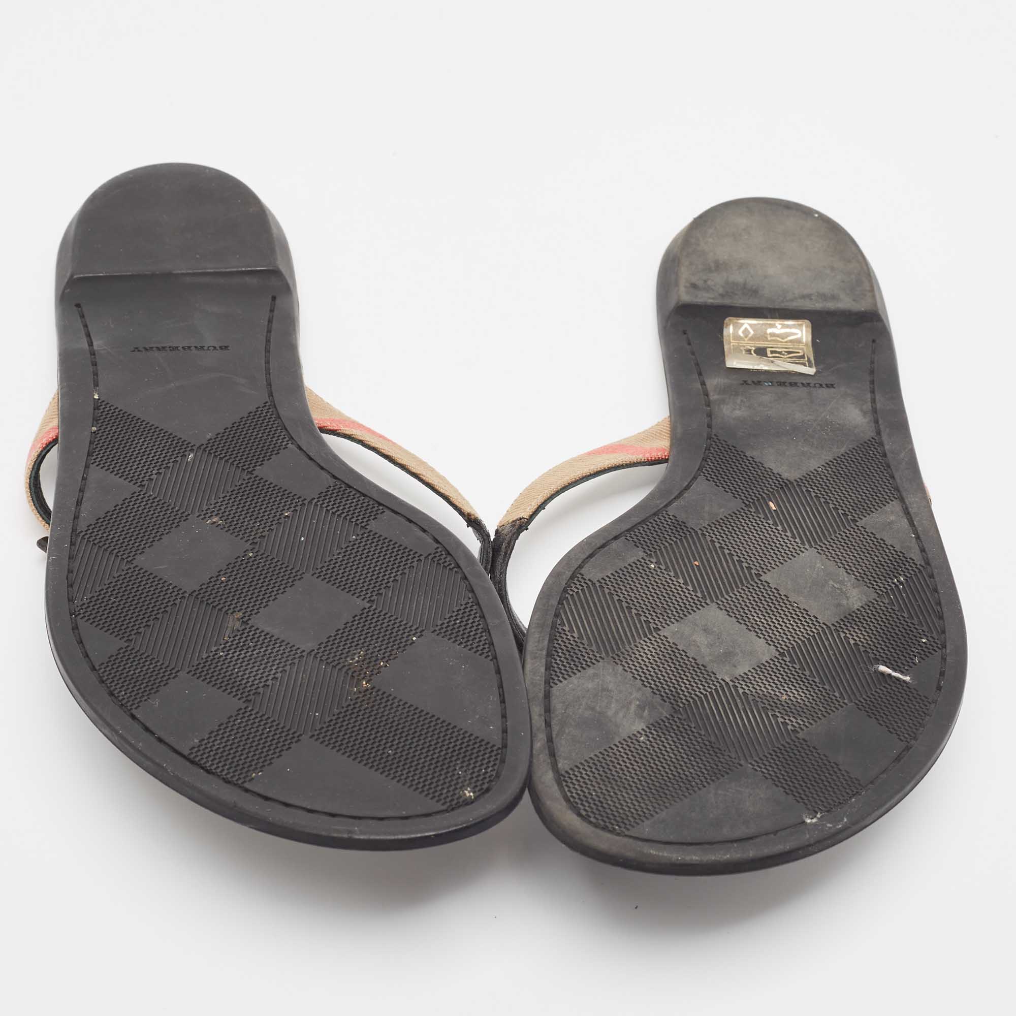 Burberry Black Leather And Canvas Masie Belted Check Thong Sandals Size 40