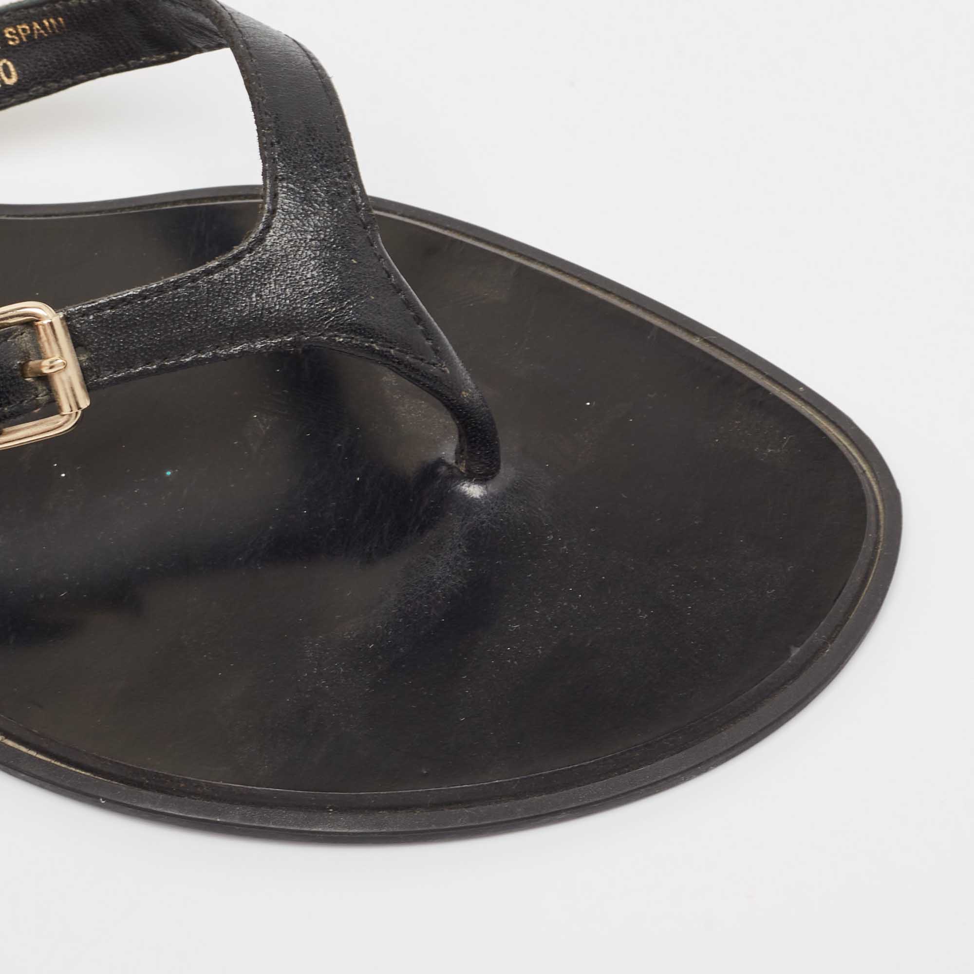 Burberry Black Leather And Canvas Masie Belted Check Thong Sandals Size 40