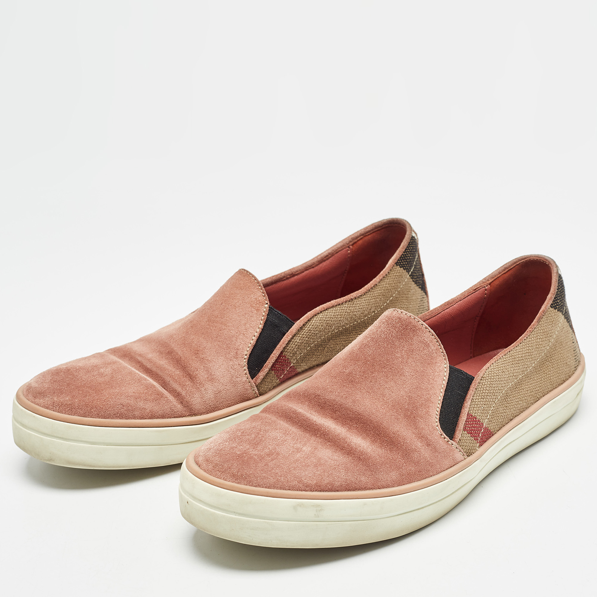 Burberry Pink Suede And Check Canvas Gauden Sneakers Size 36