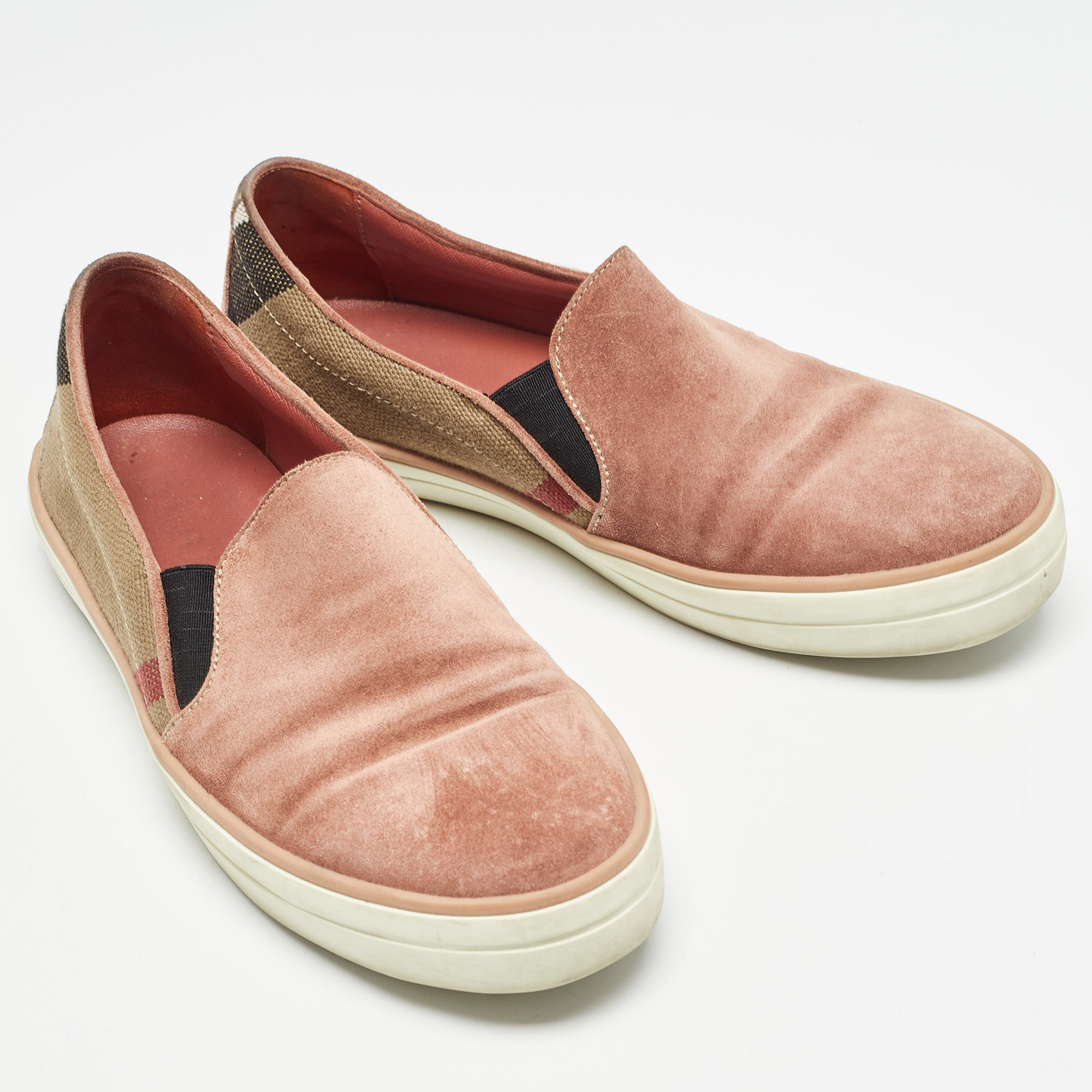 Burberry Pink Suede And Check Canvas Gauden Sneakers Size 36