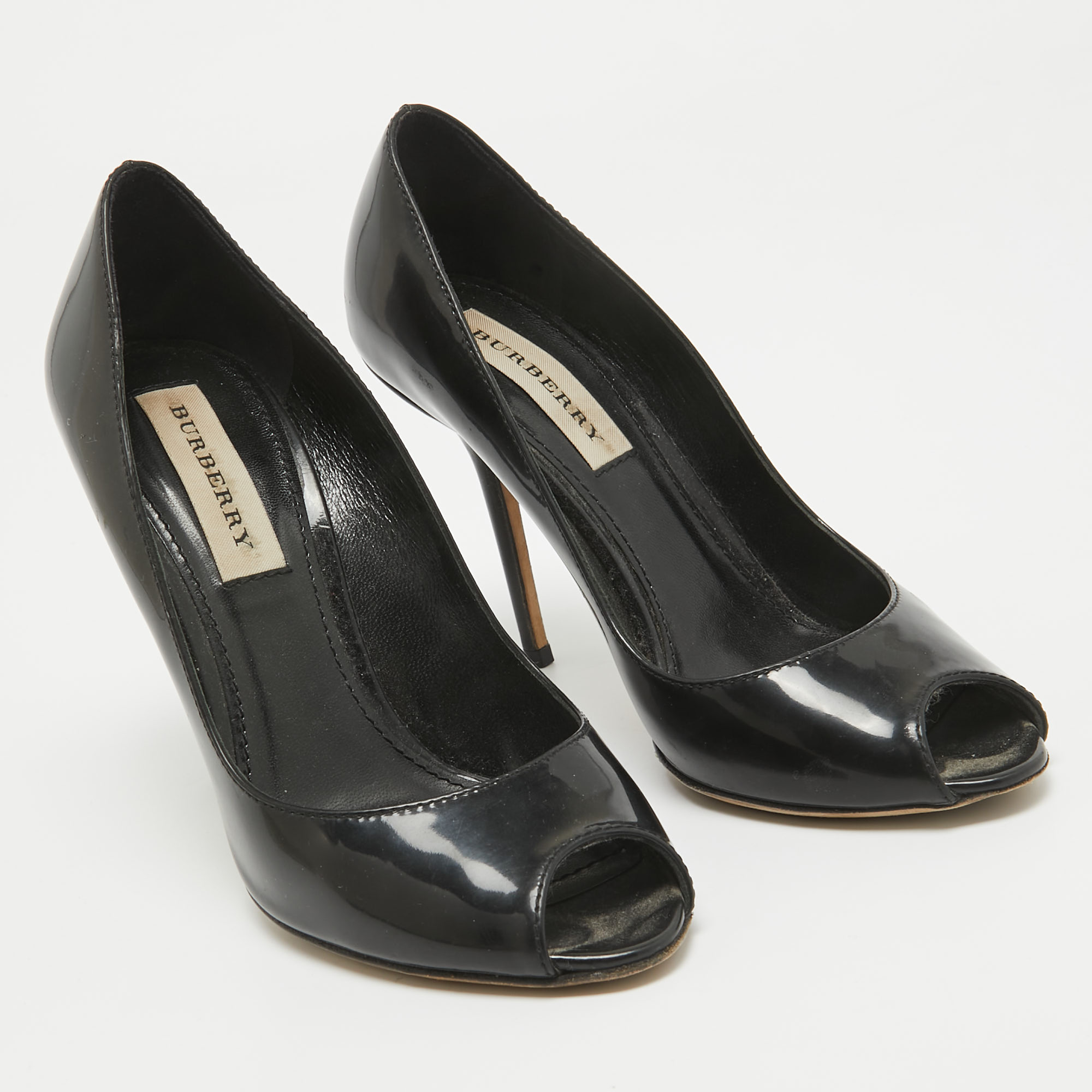 Burberry Black Patent Leather Peep Toe Pumps Size 36.5