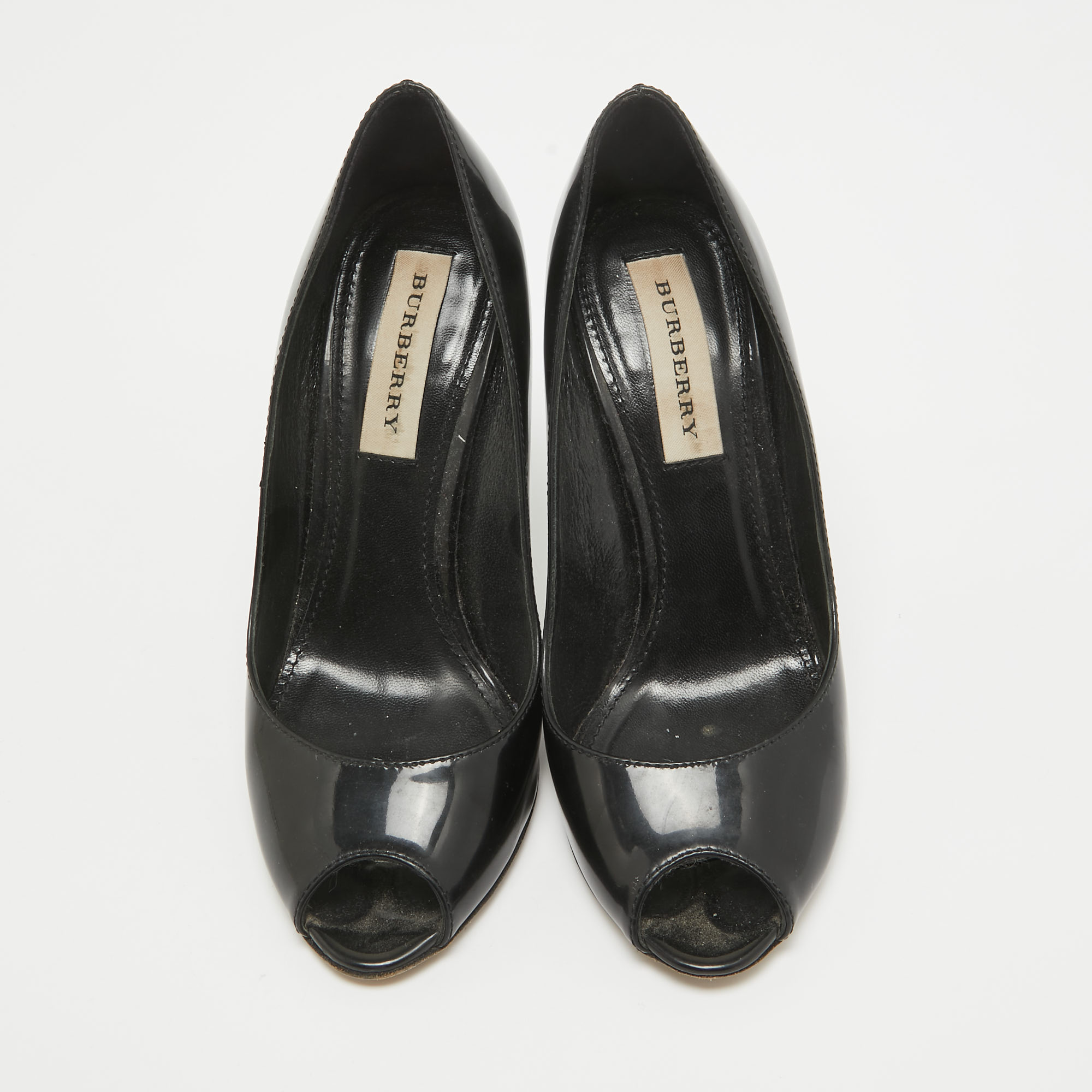 Burberry Black Patent Leather Peep Toe Pumps Size 36.5