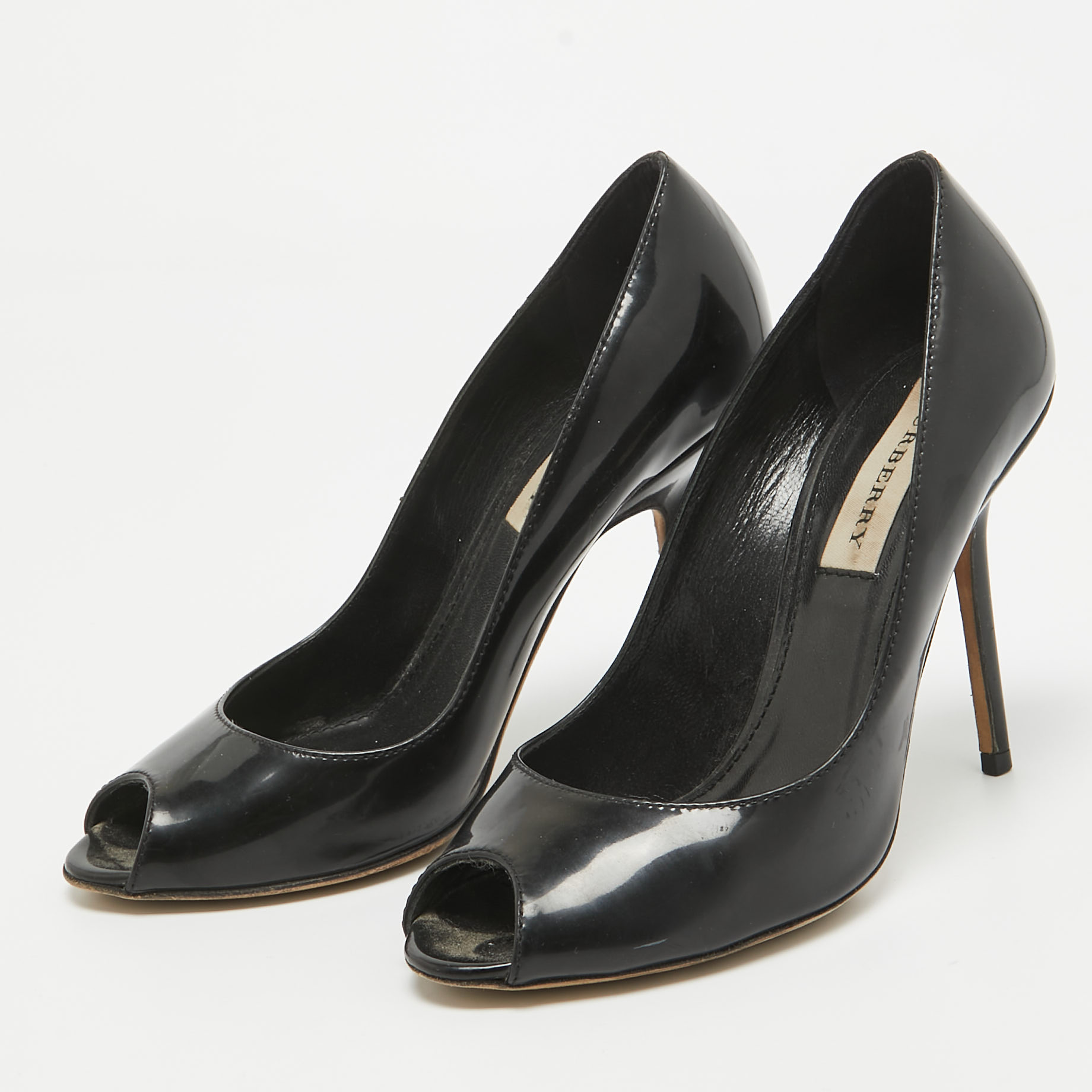 Burberry Black Patent Leather Peep Toe Pumps Size 36.5