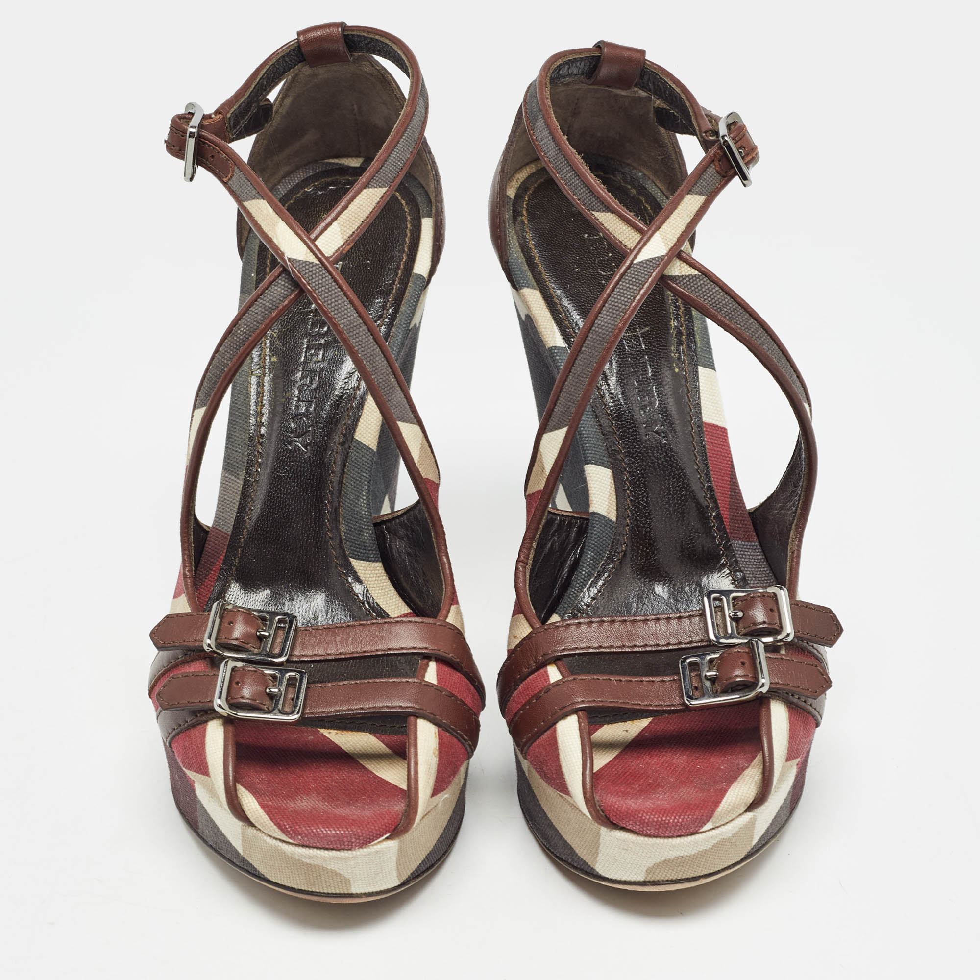 Burberry Multicolor Canvas And Leather Check Wedge Sandals Size 36