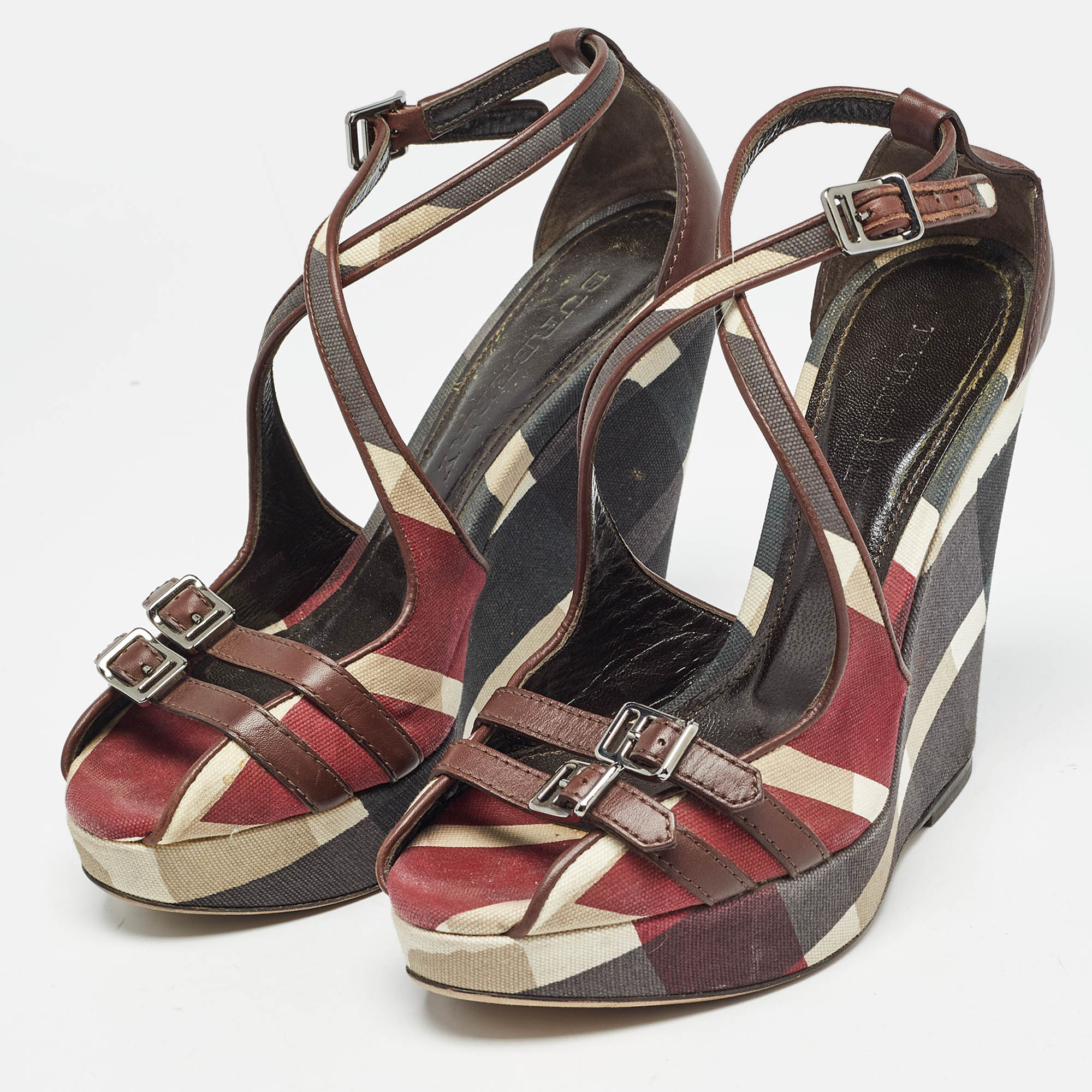 Burberry Multicolor Canvas And Leather Check Wedge Sandals Size 36