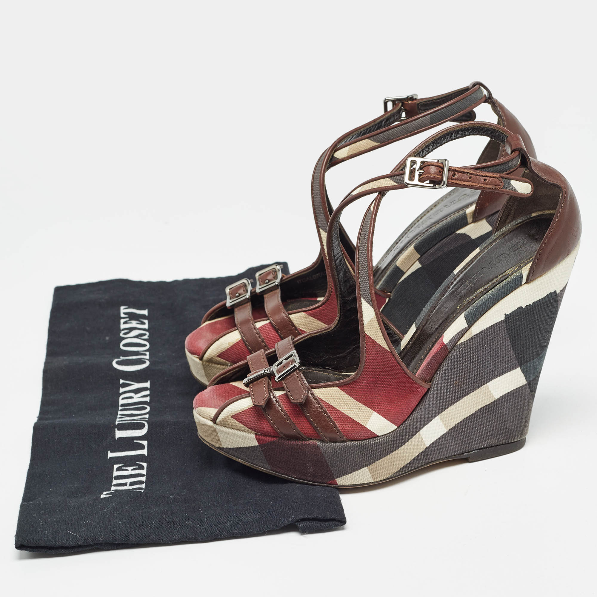 Burberry Multicolor Canvas And Leather Check Wedge Sandals Size 36