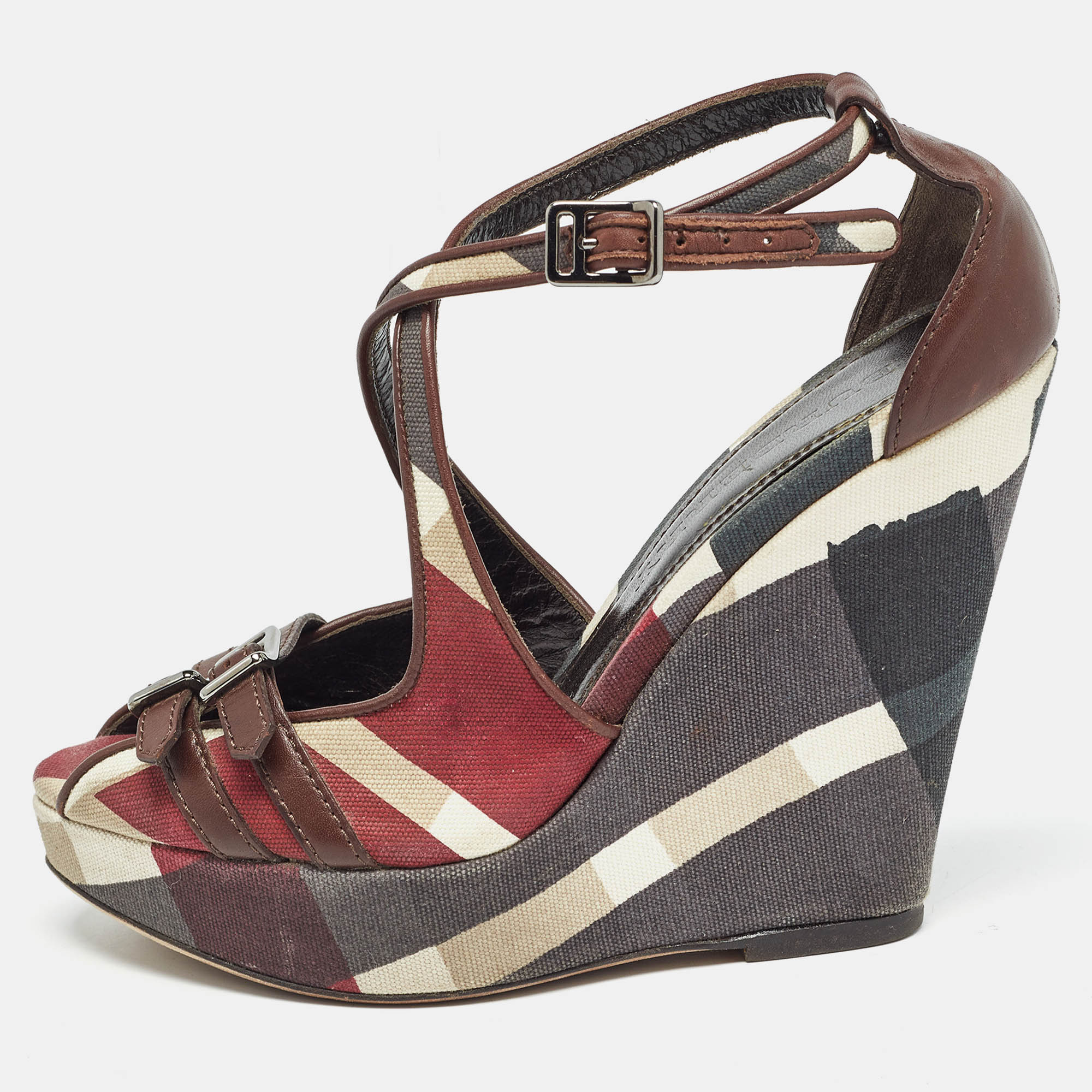 Burberry Multicolor Canvas And Leather Check Wedge Sandals Size 36