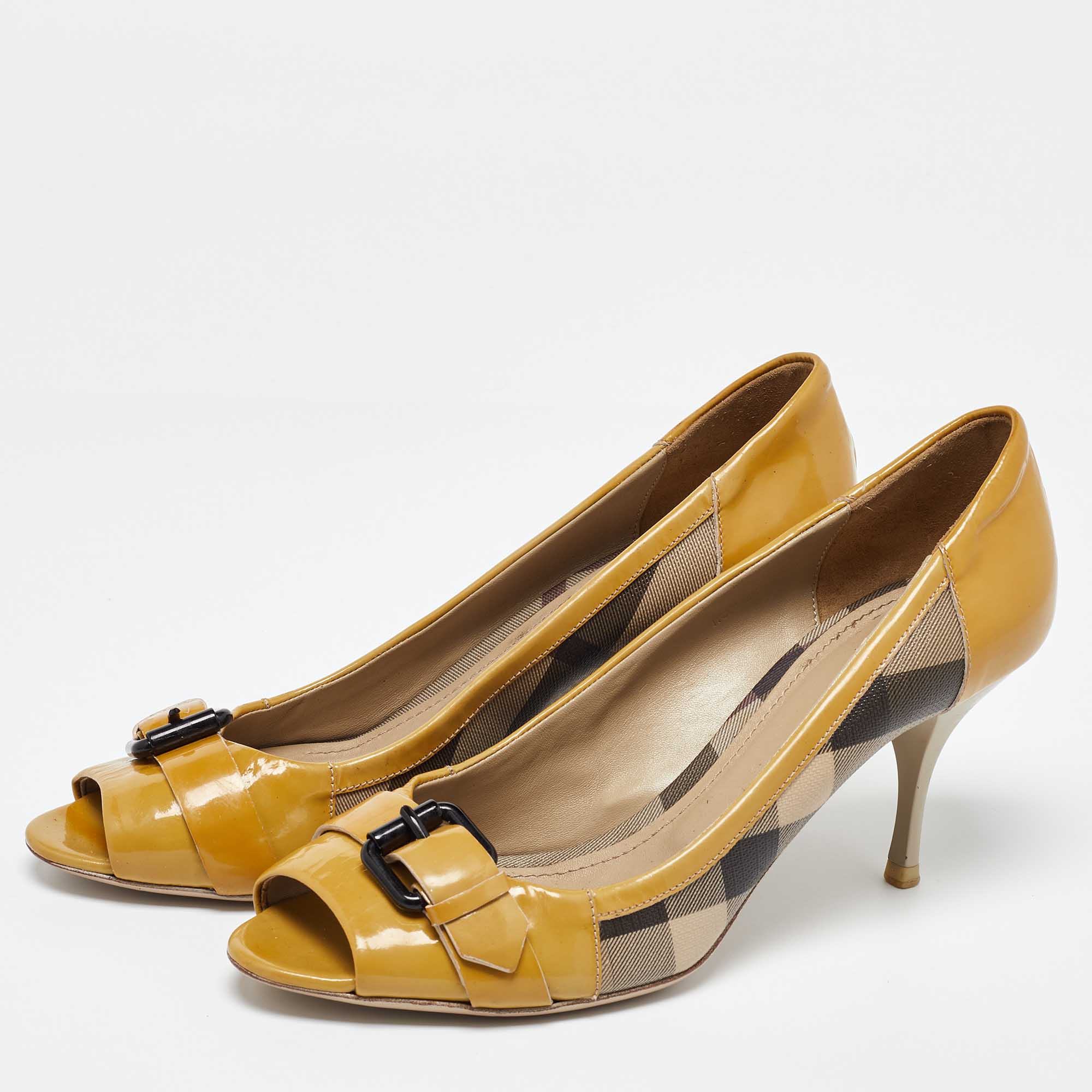 Burberry Tricolor Patent And Nova Check Canvas Peep Toe Pumps Size 40