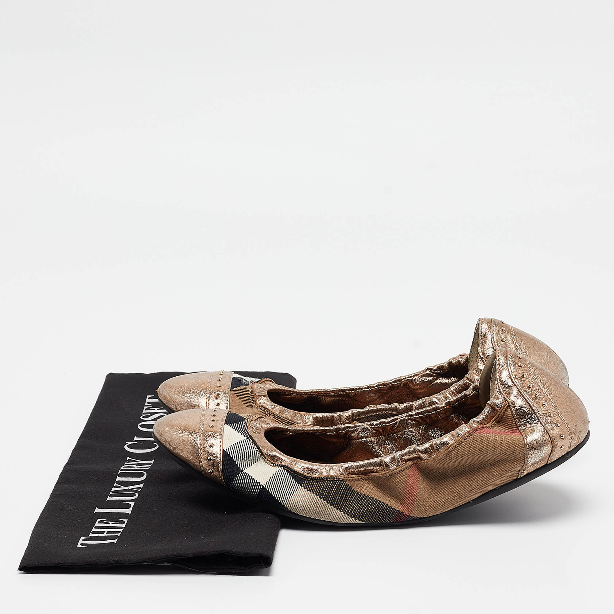 Burberry Bronze Leather And House Check Canvas Southwark Studded Scrunch Ballet Size 40