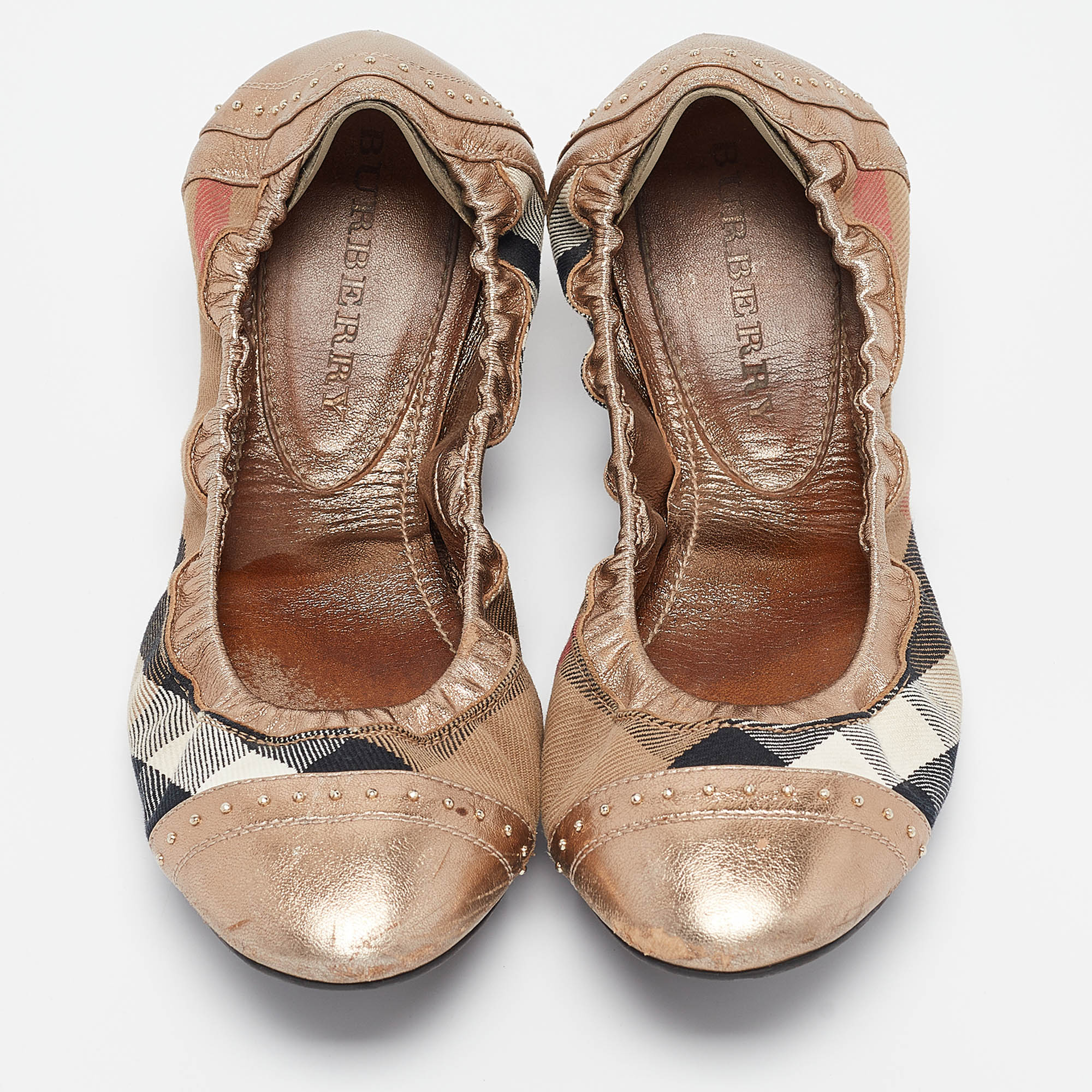 Burberry Bronze Leather And House Check Canvas Southwark Studded Scrunch Ballet Size 40