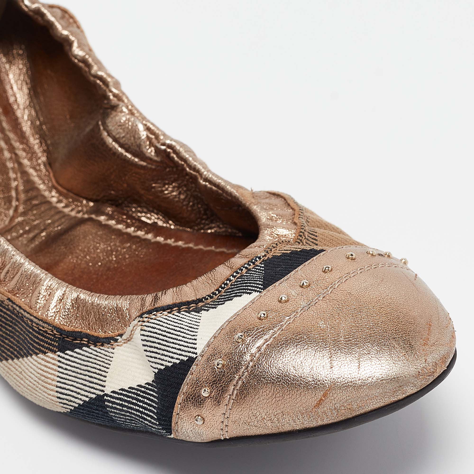 Burberry Bronze Leather And House Check Canvas Southwark Studded Scrunch Ballet Size 40