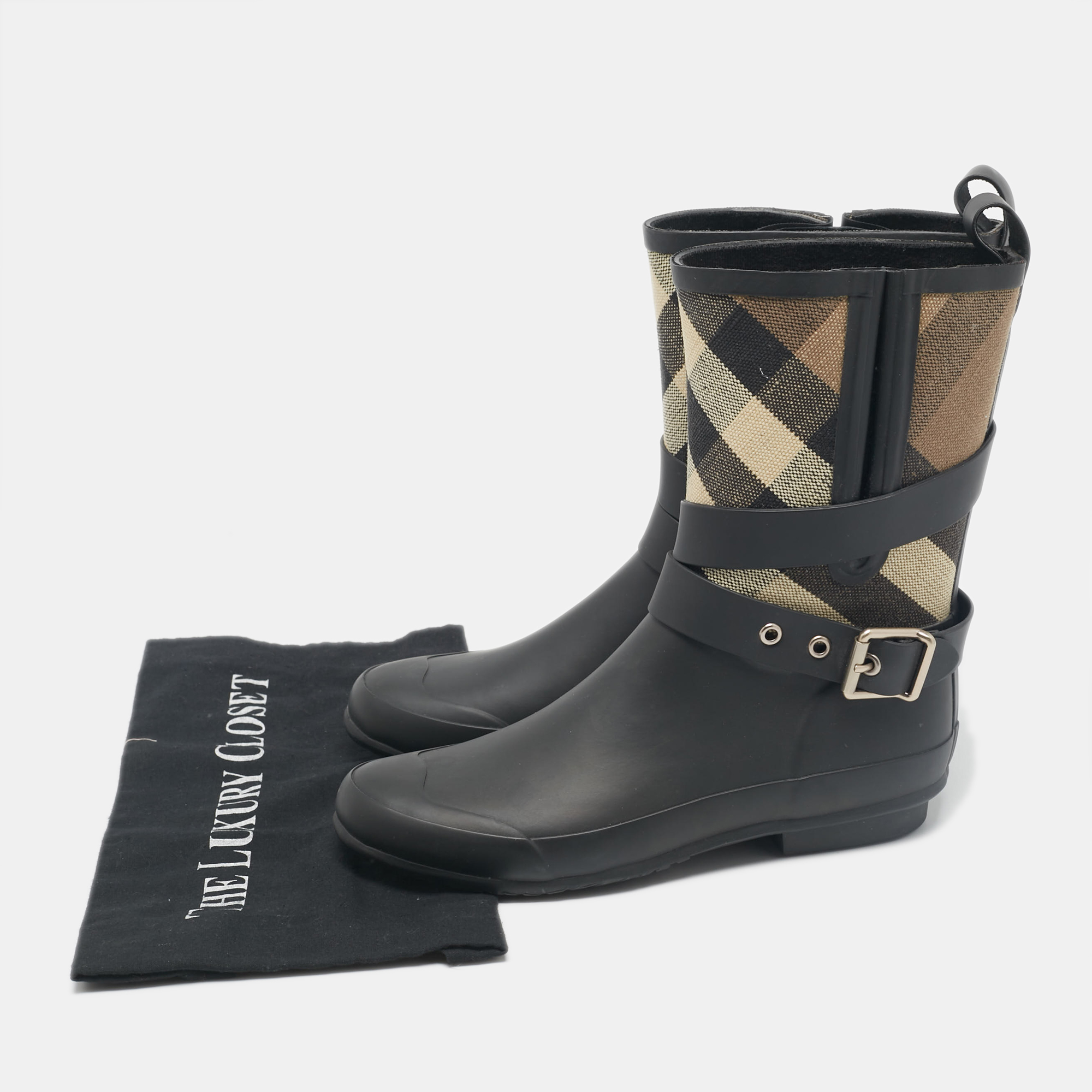 Burberry Beige/Black House Check Canvas And Rubber Rain Boots Size 37