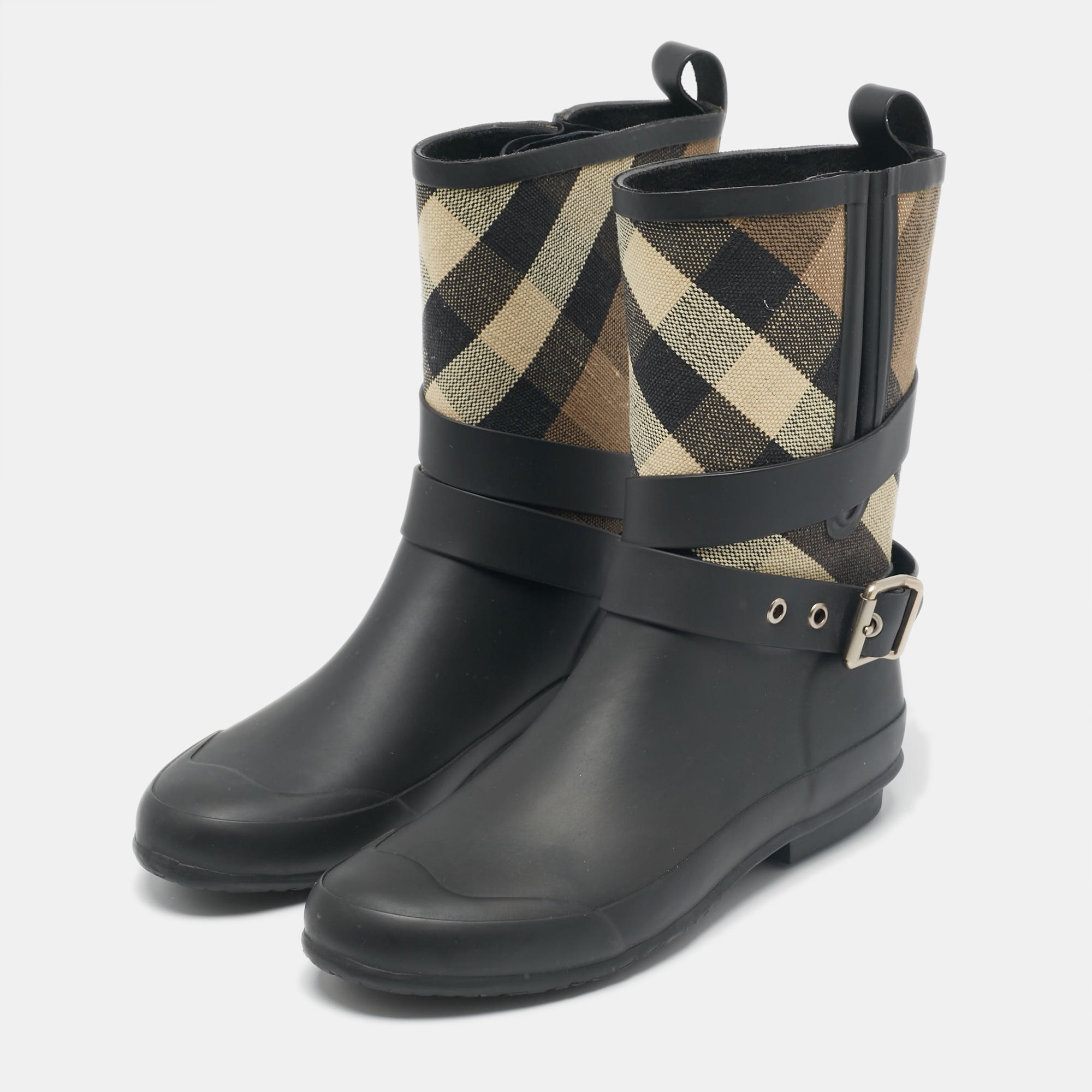 Burberry Beige/Black House Check Canvas And Rubber Rain Boots Size 37