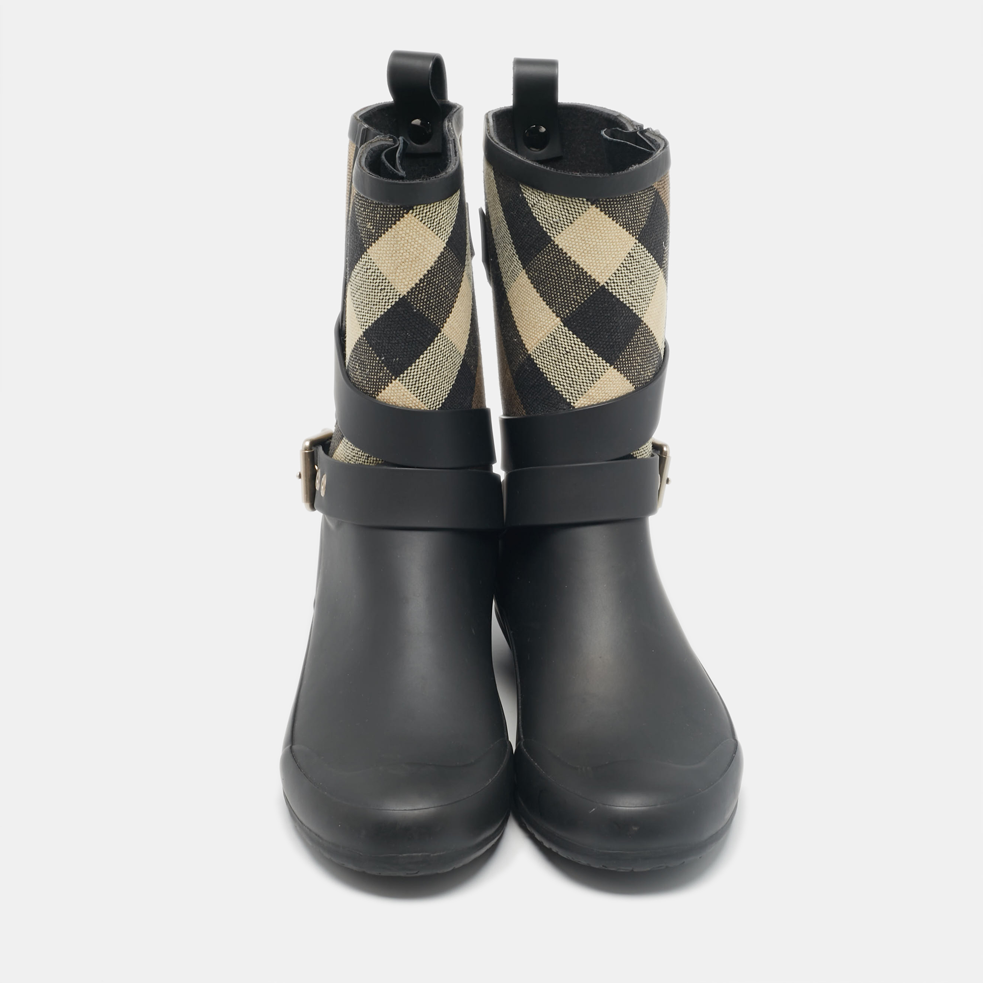 Burberry Beige/Black House Check Canvas And Rubber Rain Boots Size 37