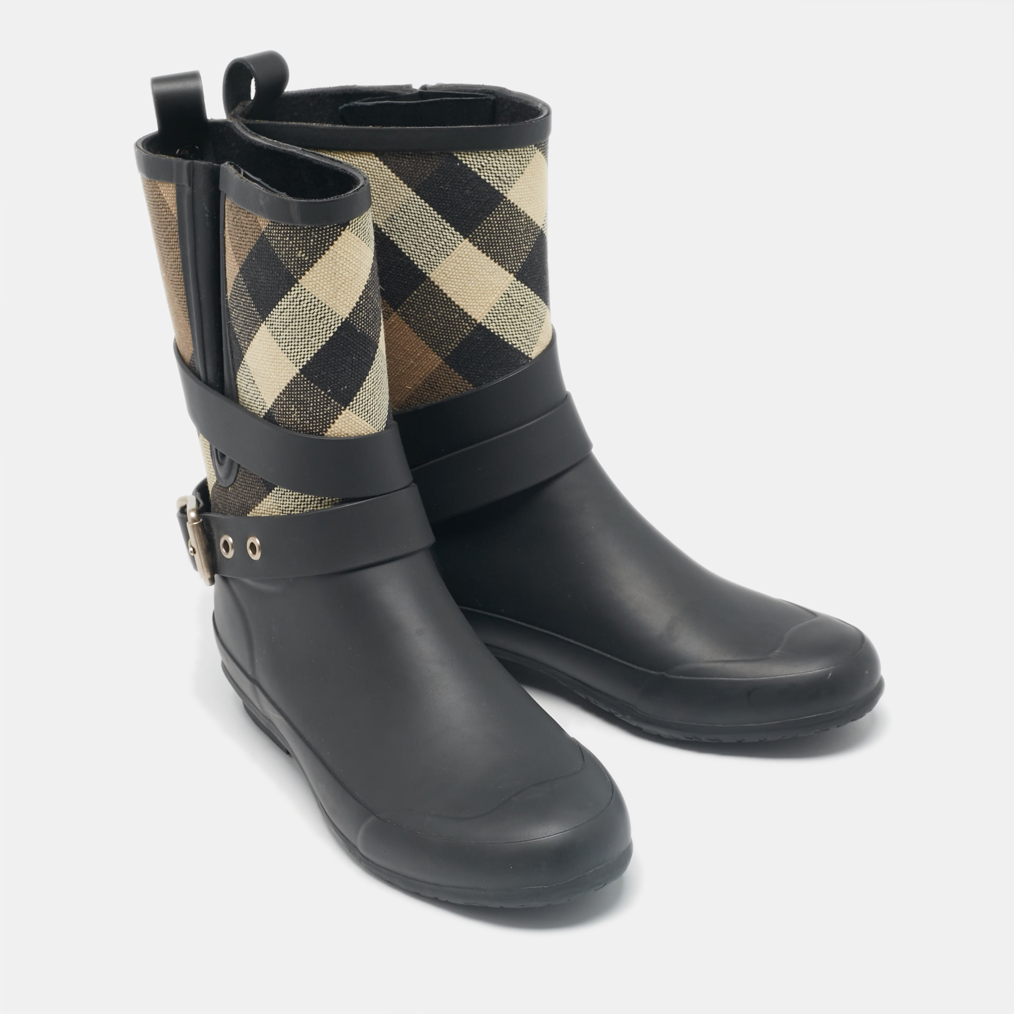 Burberry Beige/Black House Check Canvas And Rubber Rain Boots Size 37