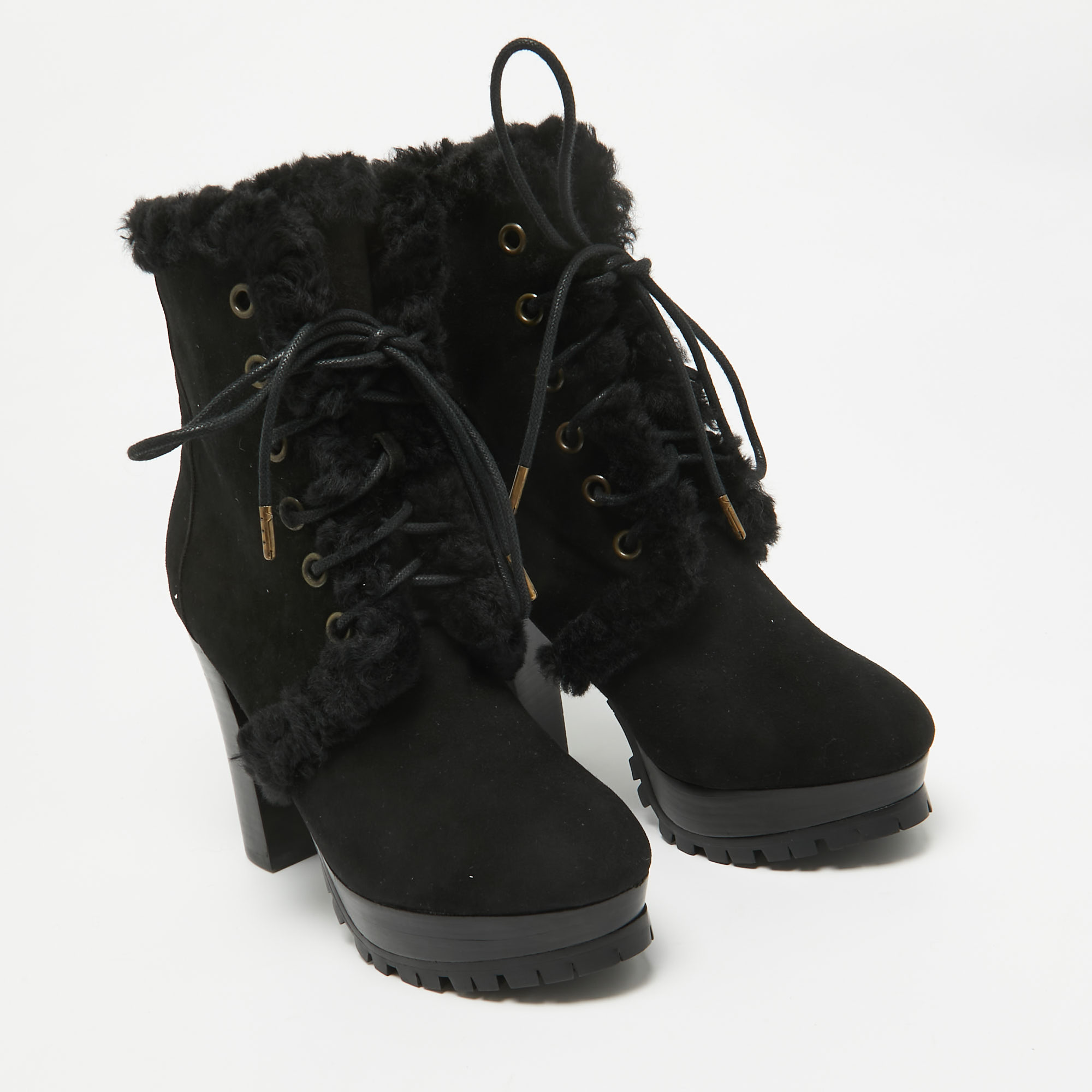 Burberry Black Suede And Fur Ankle Length Boots Size 36