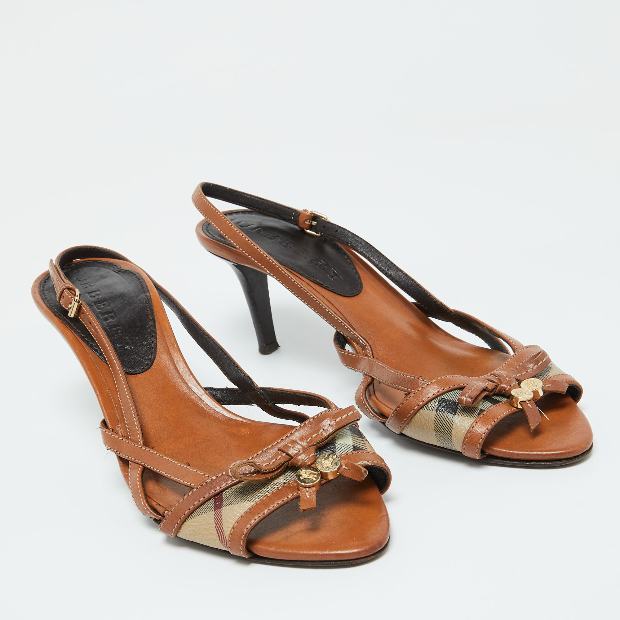 Burberry Brown Nova Check Coated Canvas And Leather Slingback Sandals Size 40