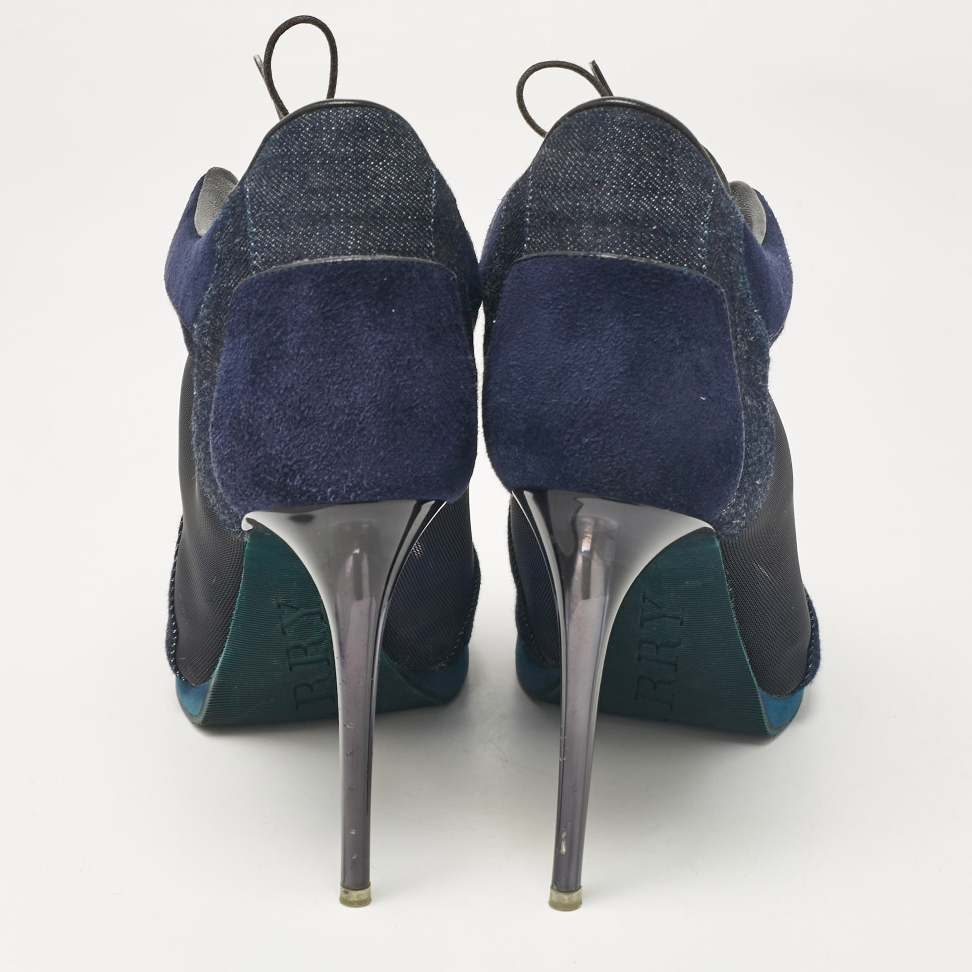 Burberry Navy Blue Denim And Suede Open Toe Booties Size 38