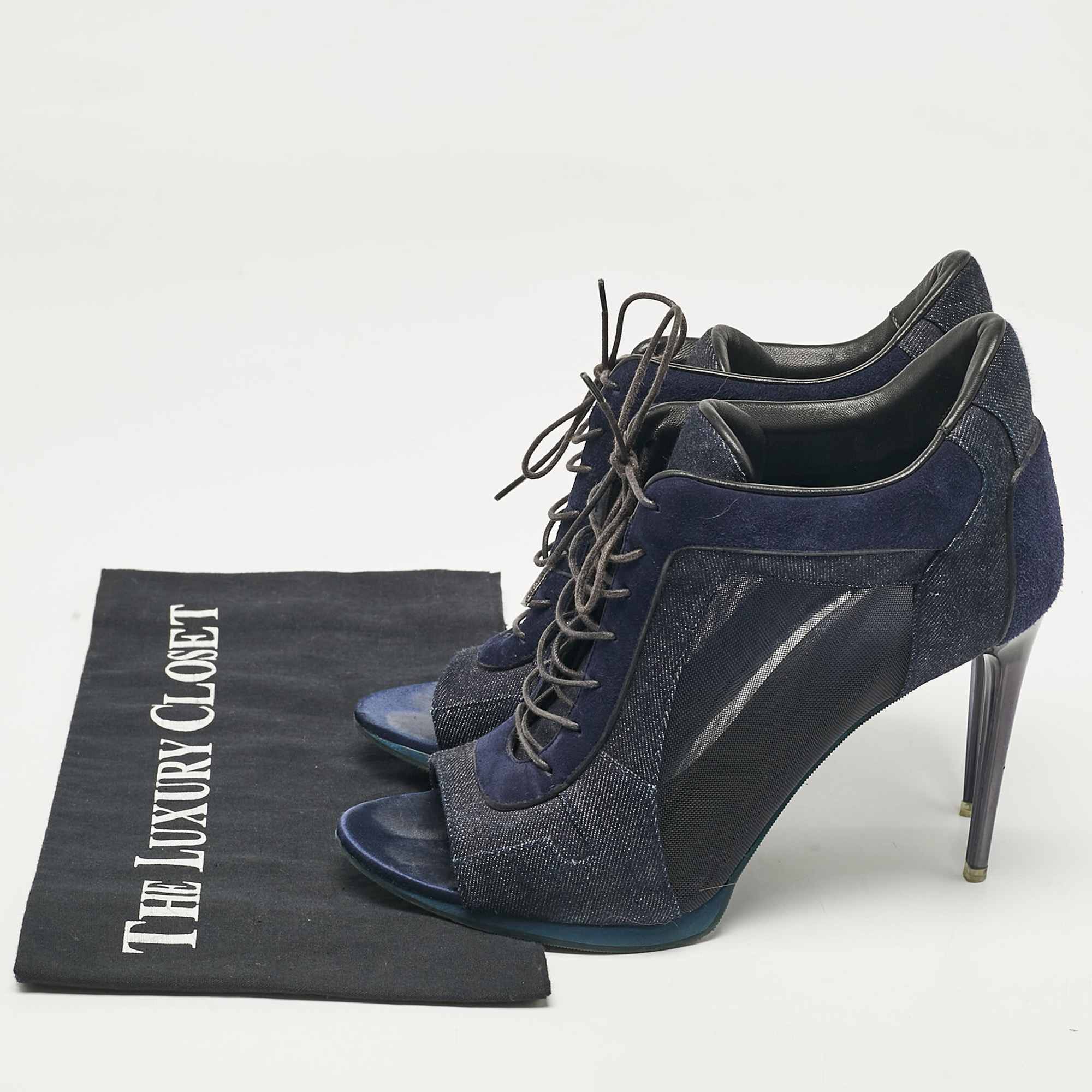 Burberry Navy Blue Denim And Suede Open Toe Booties Size 38