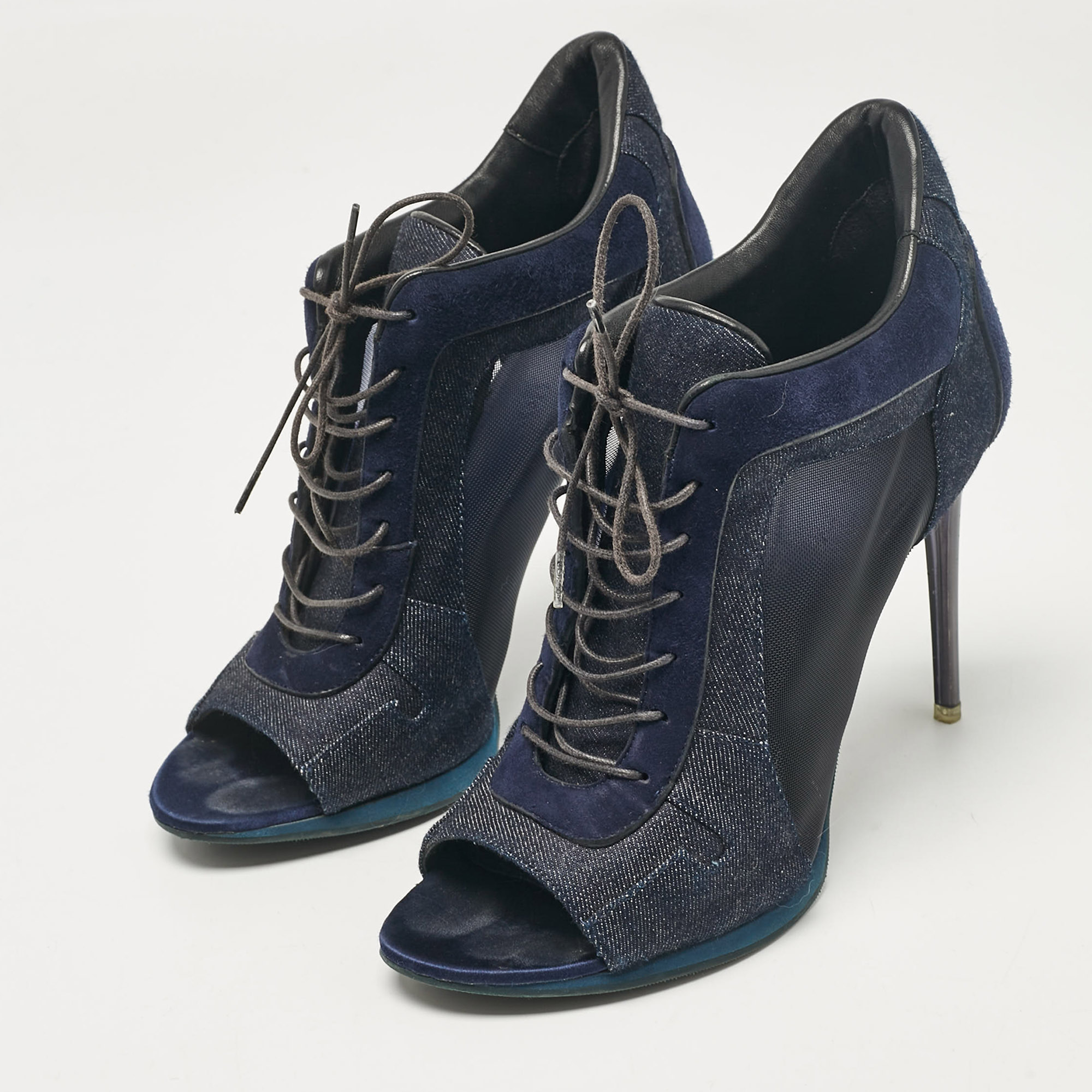 Burberry Navy Blue Denim And Suede Open Toe Booties Size 38