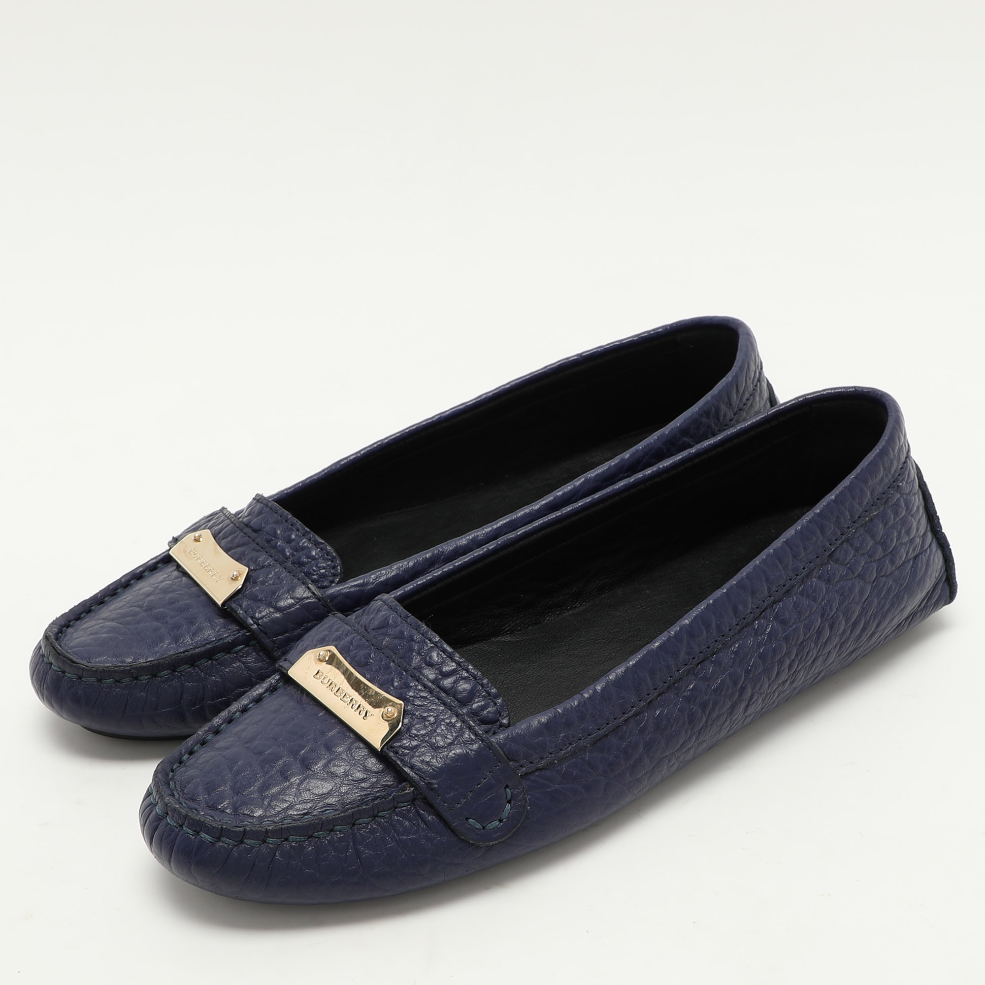 Burberry Blue Leather Embellished Loafers Size 37