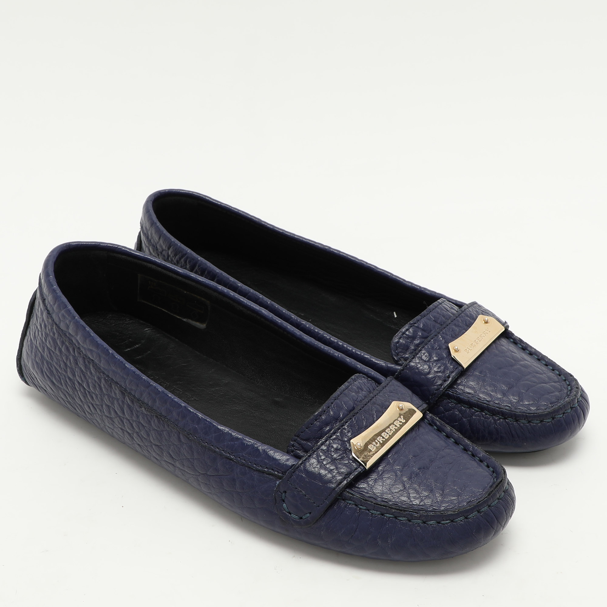 Burberry Blue Leather Embellished Loafers Size 37