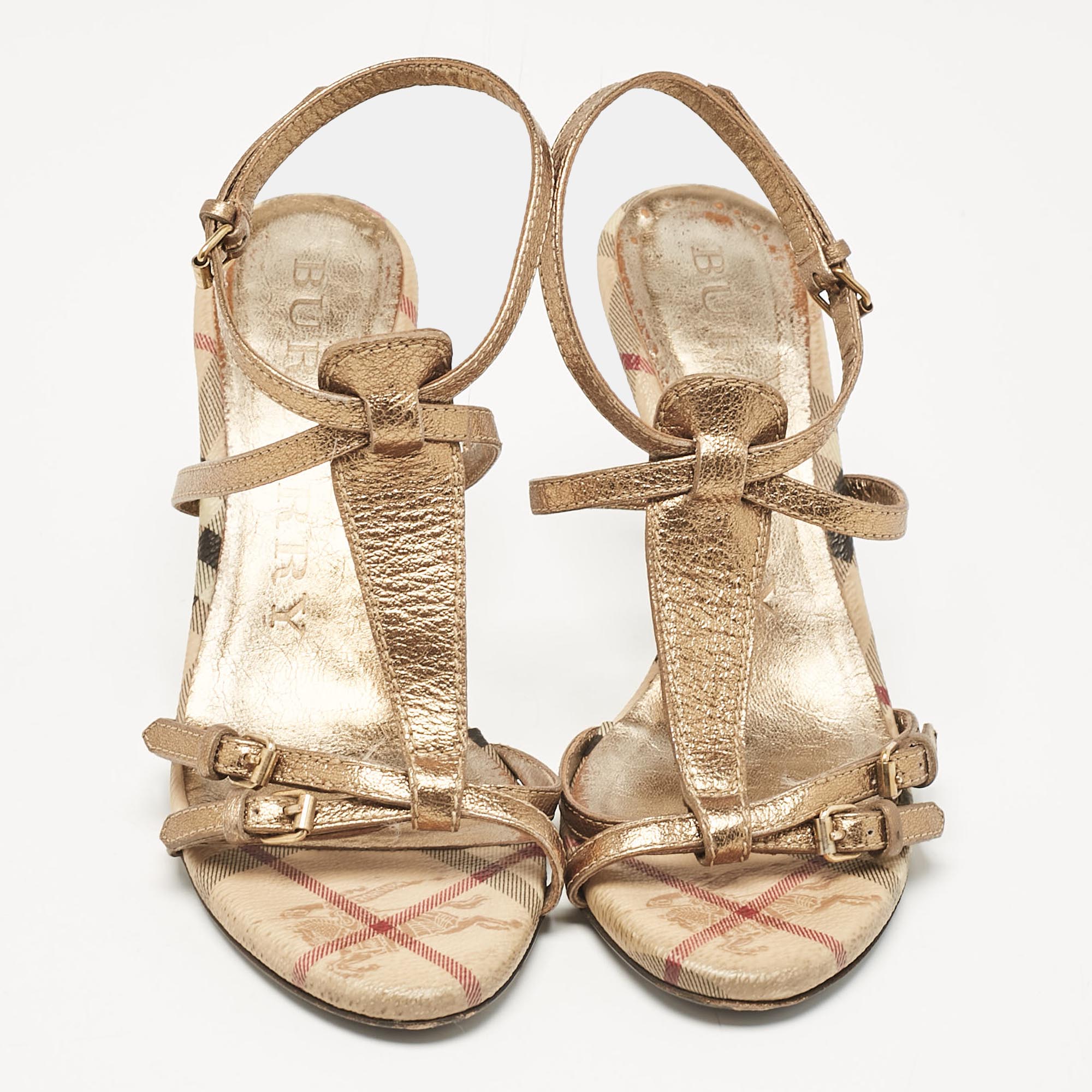 Burberry Gold Canvas And Leather Ankle Strap Sandals Size 37