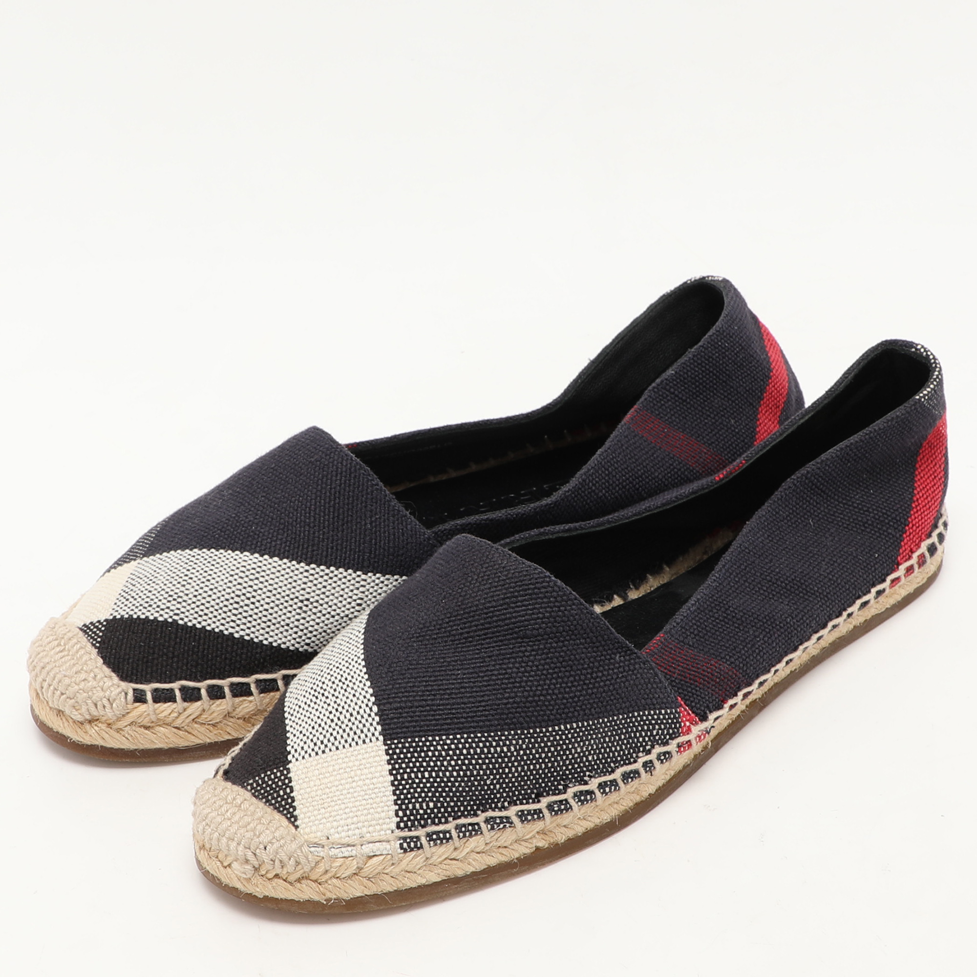 Burberry Navy Blue Checkered Canvas Hodgeson Flat Espadrilles Size 37