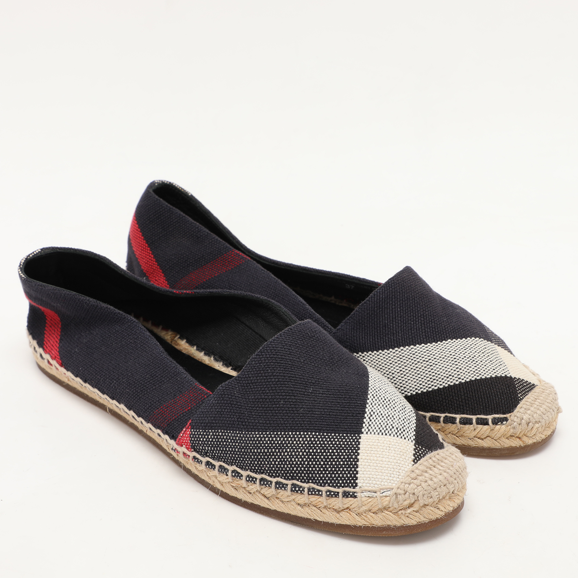 Burberry Navy Blue Checkered Canvas Hodgeson Flat Espadrilles Size 37