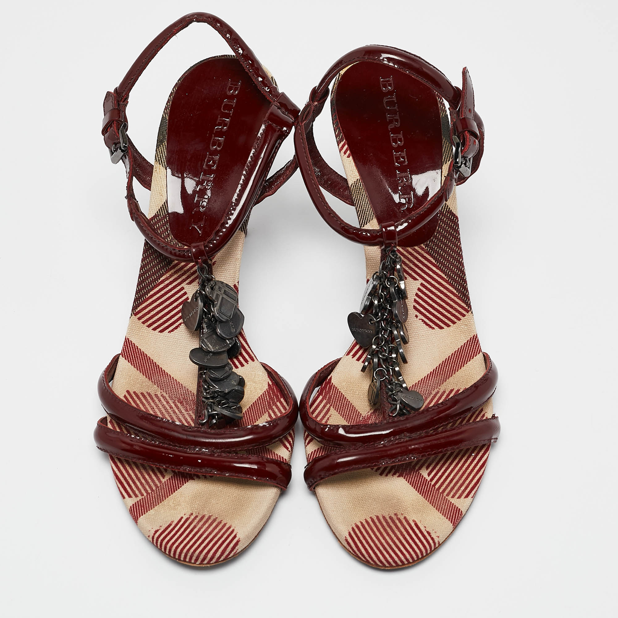 Burberry Burgundy Patent Leather Heart Chain Detail Ankle Strap Sandals Size 38