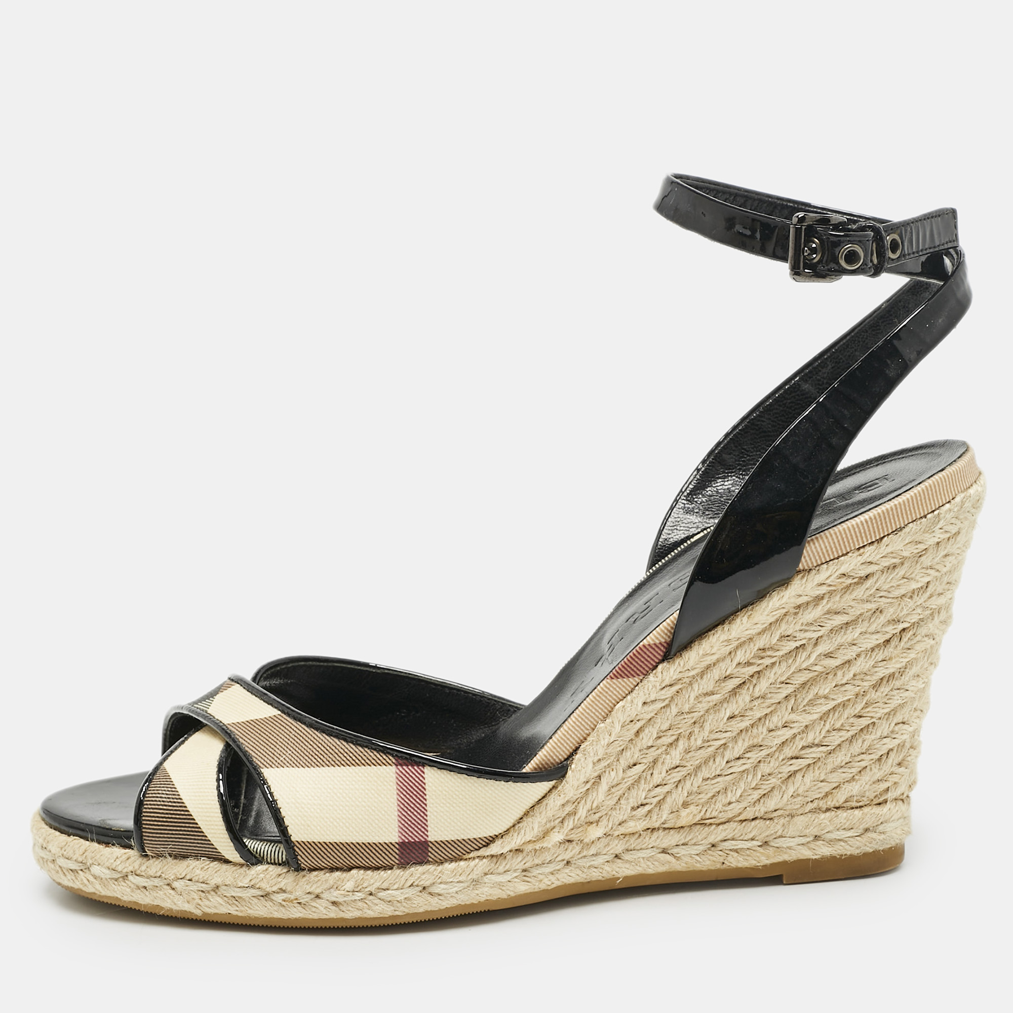 Burberry Brown Patent Leather and Nova Check Canvas Wedge Sandals Size, Black
Burberry Brown Patent Leather and Nova Check Canvas Wedge Sandals Size, Black
