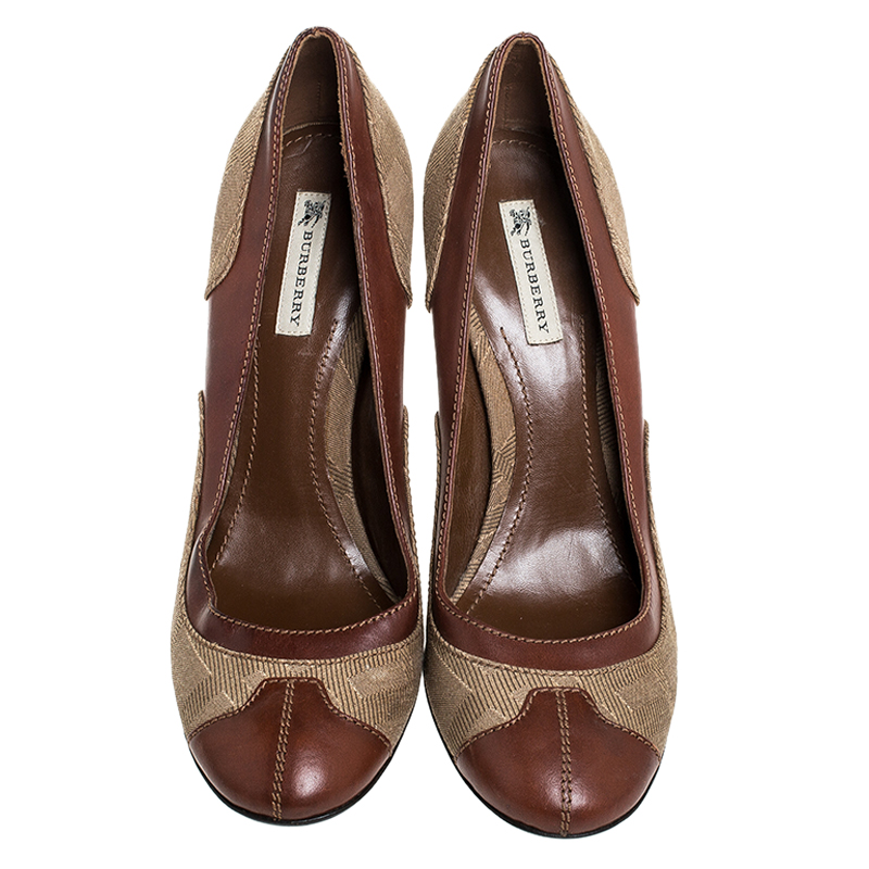 Burberry Brown/Beige Leather And Canvas Wooden Heel Pumps Size 40
