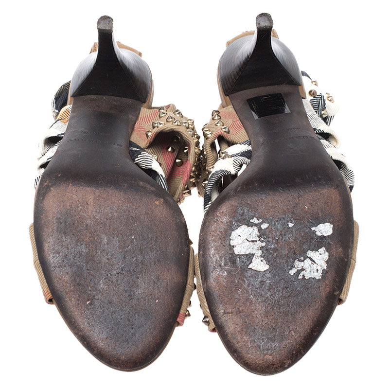 Burberry Beige Nova Check Criss Cross Canvas Spike Studded Open Toe Sandals Size 37