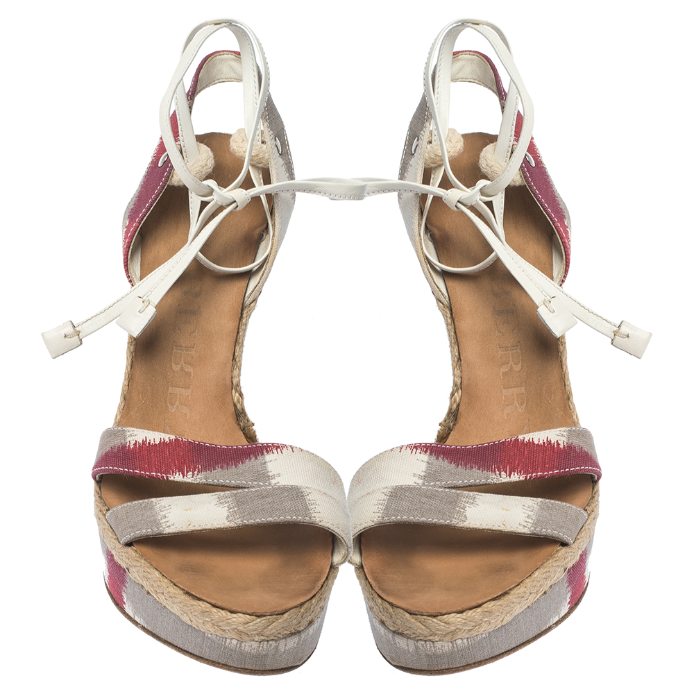 Burberry Multicolor Canvas And White Leather Ankle Wrap Platform Wedge Sandals Size 38