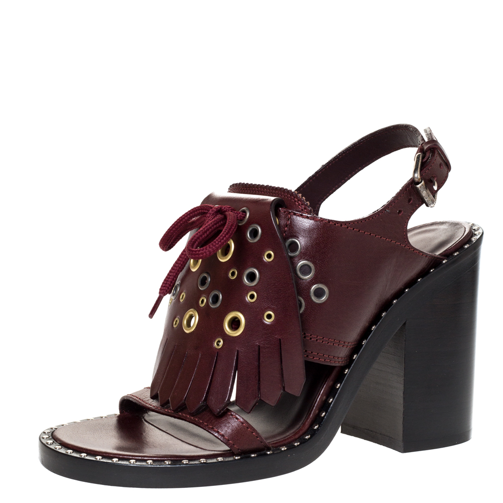 Image of Burberry Burgundy Leather Beverley Fringe Eyelet Embellished Slingback Block Heel Sandals Size