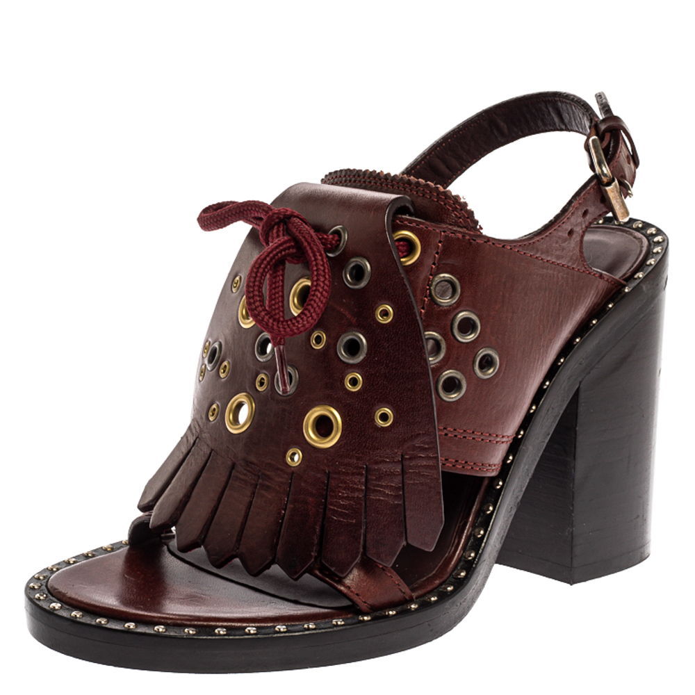 Image of Burberry Burgundy Leather Beverley Eyelet Fringe Detail Block Heel Sandals Size