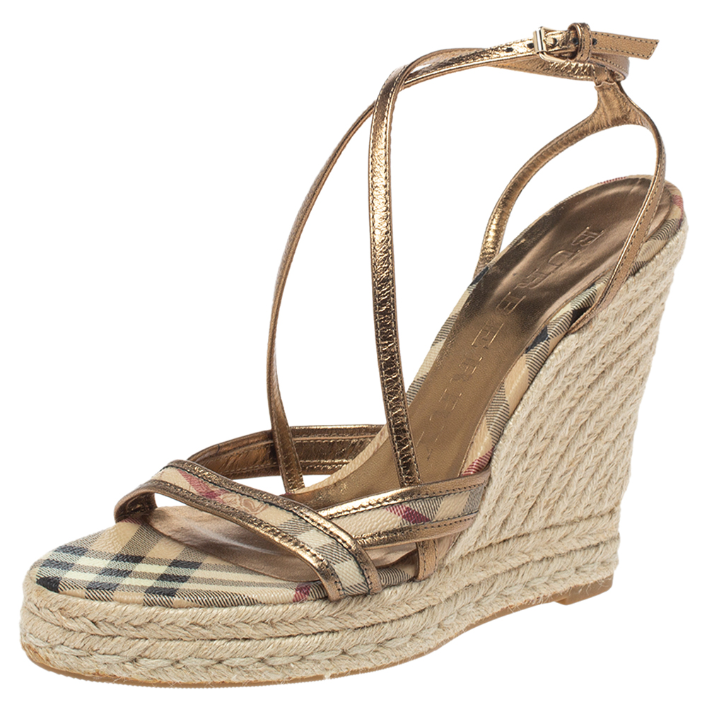 Burberry gold/beige house check pvc and patent leather criss cross espadrille sandals size 40.5