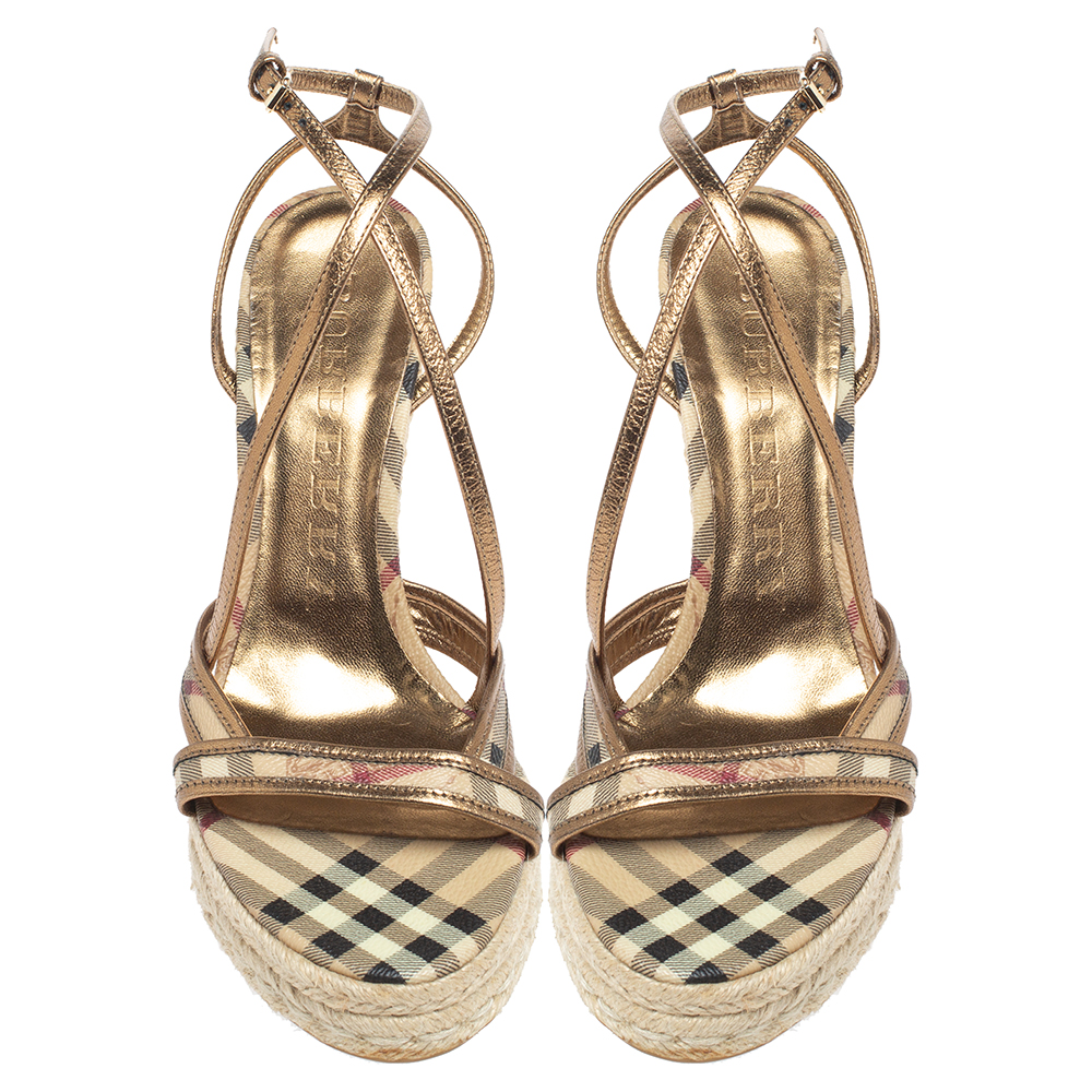 Burberry Gold/Beige House Check PVC And Patent Leather Criss Cross Espadrille Sandals Size 40.5