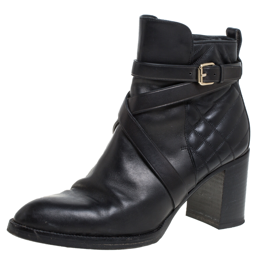 Image of Burberry Black Quilted Leather Buckle Ankle Boots Size